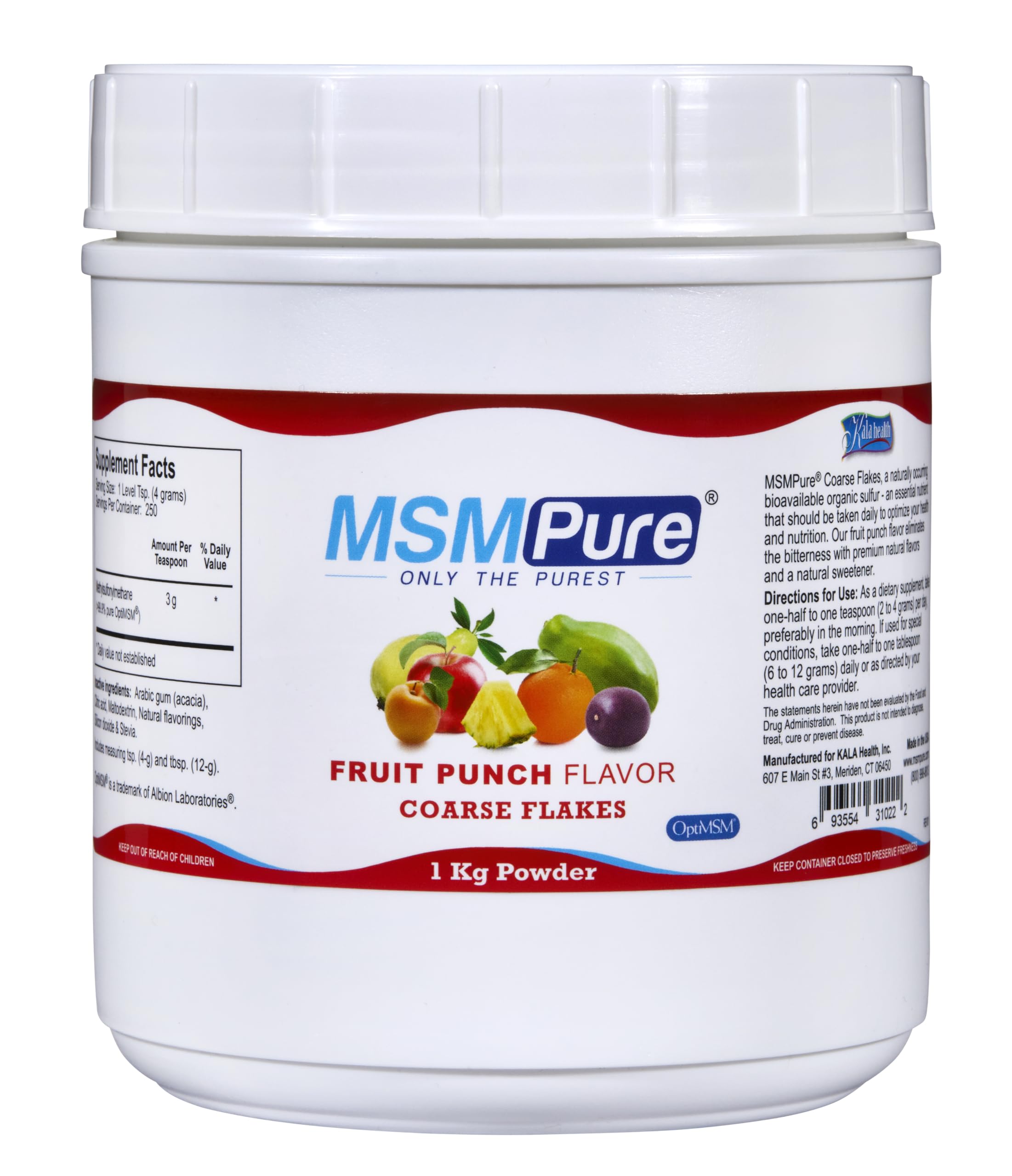 KALA HEALTH MSMPure Fruit Punch Flavored Coarse MSM Powder Flakes – US-Made MSM for Joint Health, Skin Appearance, and Hair & Nail Support – 2.2 lb, Organic Sulfur