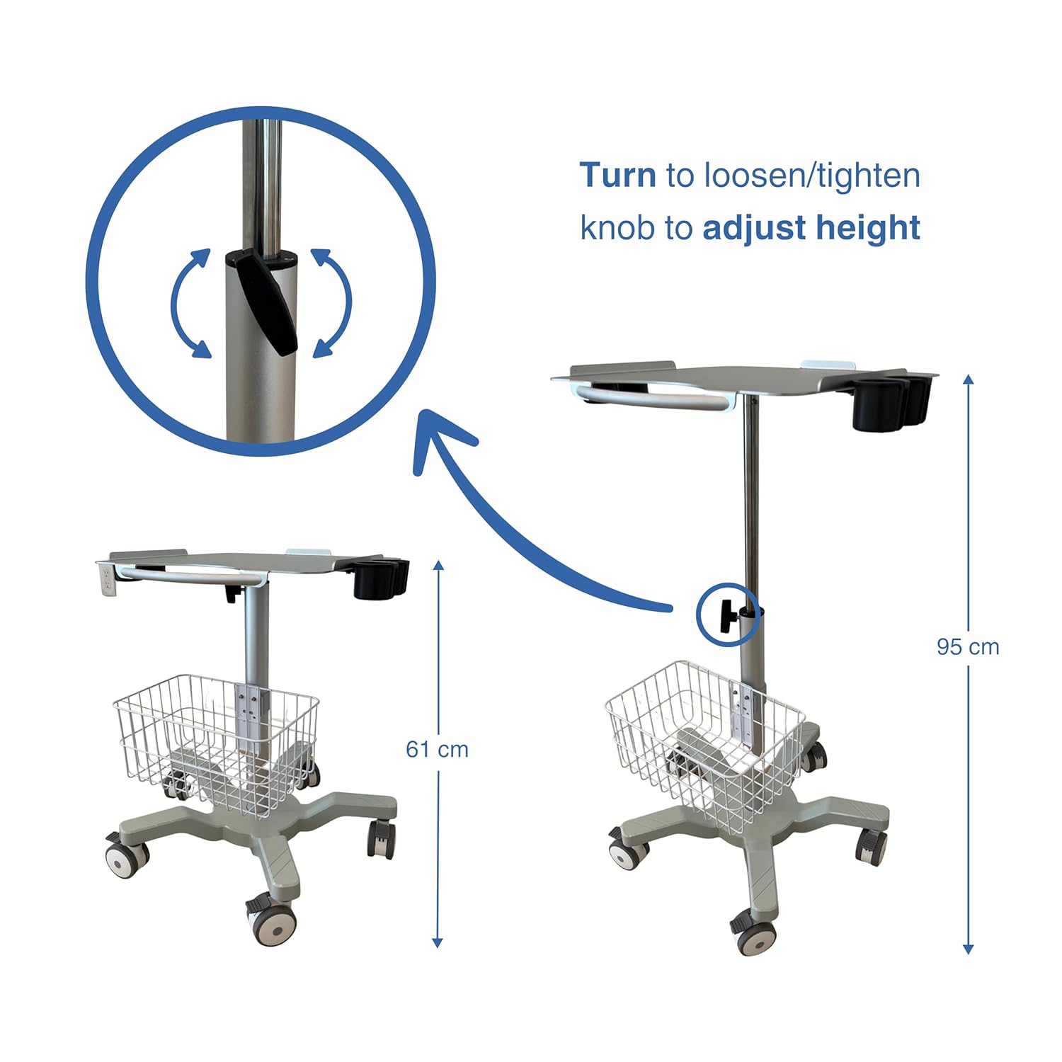 Height Adjustable Mobile Ultrasound Cart with Probe Holders, Wire Basket & Lockable Wheels – Medical Utility Trolley for Laptop-Style Ultrasound Machines