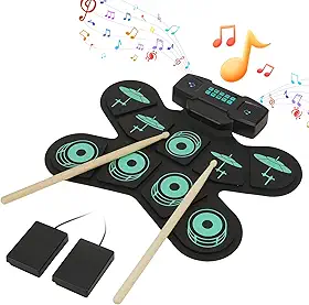 Bateria Eletrônica Portátil, Conjunto de 9 Peças Para Prática com Pedal de Bumbo e Baquetas, Kit de Bateria Eletrônica Portátil, Recarregável