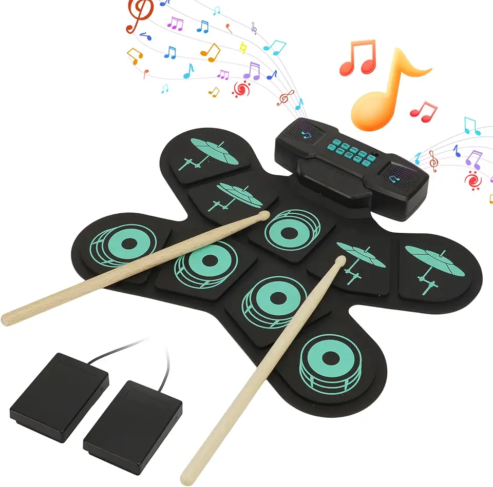 Bateria Eletrônica Portátil, Conjunto de 9 Peças Para Prática com Pedal de Bumbo e Baquetas, Kit de Bateria Eletrônica Portátil, Recarregável