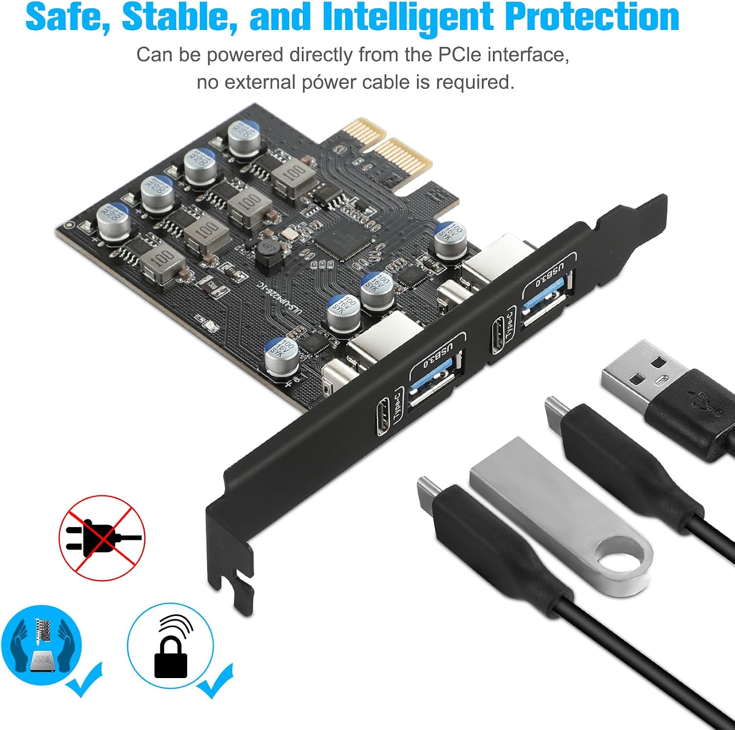 4 Ports USB PCIe Card (2X Type A - 2X USB C) PCI Express to USB Expansion Card PC Internal USB3 Hub Converter for Desktop PC Adapter Support Windows 11/10/8/7/XP and Linux