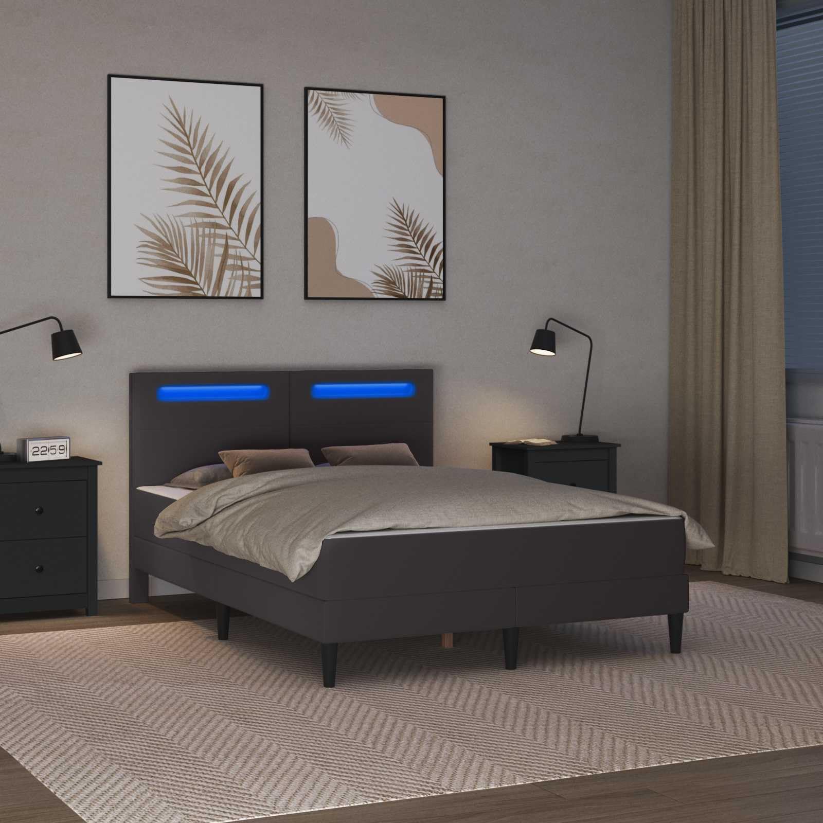 Marco de cama con tiras de luz LED, gris, 140 x 190 cm, piel sintética, cama de madera maciza con espacio de almacenamiento y cabecero para cama de matrimonio