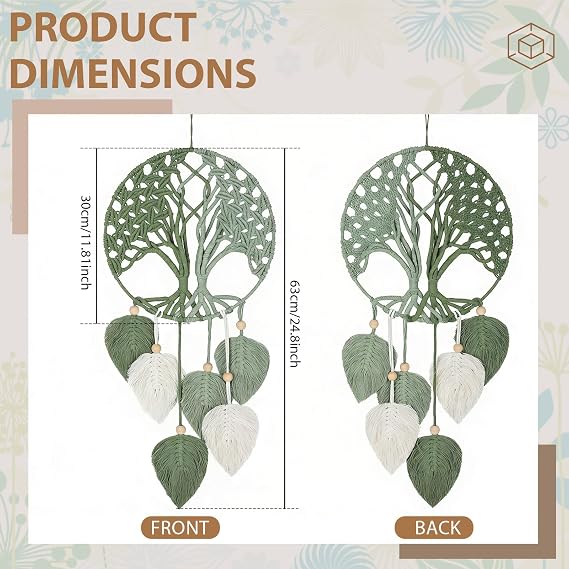 Crystalberry Macrame Leaf Wall Hanging Bohemian Leaves Woven Yarn Tapestry Leaf Macrame Wall Decor Craft Gifts Tapestry Kit for Living Room Bedroom (Green Tree of Life)