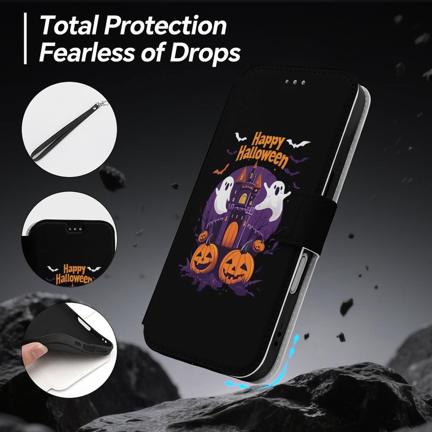 Halloween-Themed Pumpkins Ghosts Compatible with iPhone 16/16 Plus/16 Pro/16 Pro Max/16 E Case Phone Wallet Card Holder Flip Cover with Wrist Strap