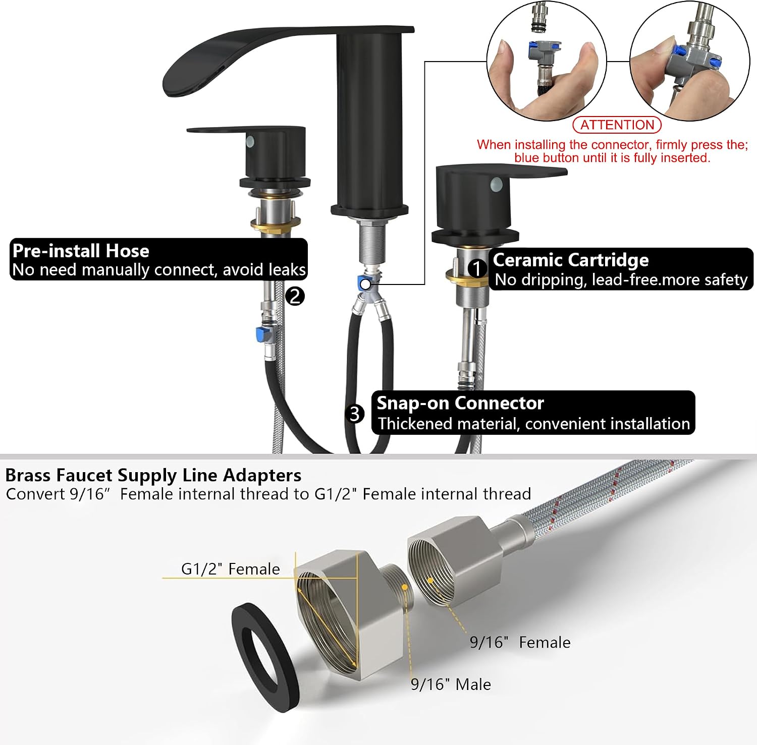 Roman Tub Faucet Matte Black, 3 Hole Waterfall Bathtub Faucets Sets Deck Mount Bath Tub Faucet 2 Handle Garden Bathtub Faucet