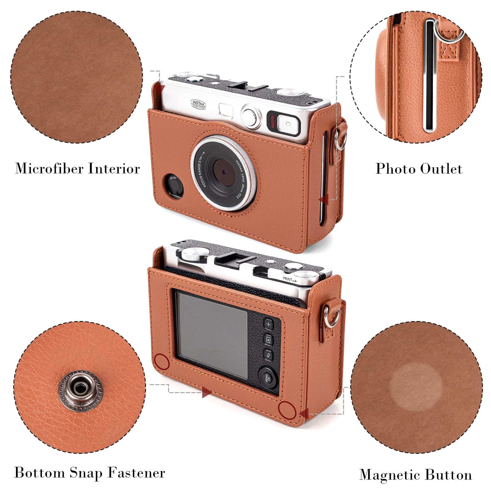Rieibi Custodia per fotocamera Mini Evo, custodia di protezione in pelle PU vintage per fotocamera istantanea Fujifilm Fuji Instax Mini Evo con tracolla rimovibile, marrone strutturato 1, orizzontale