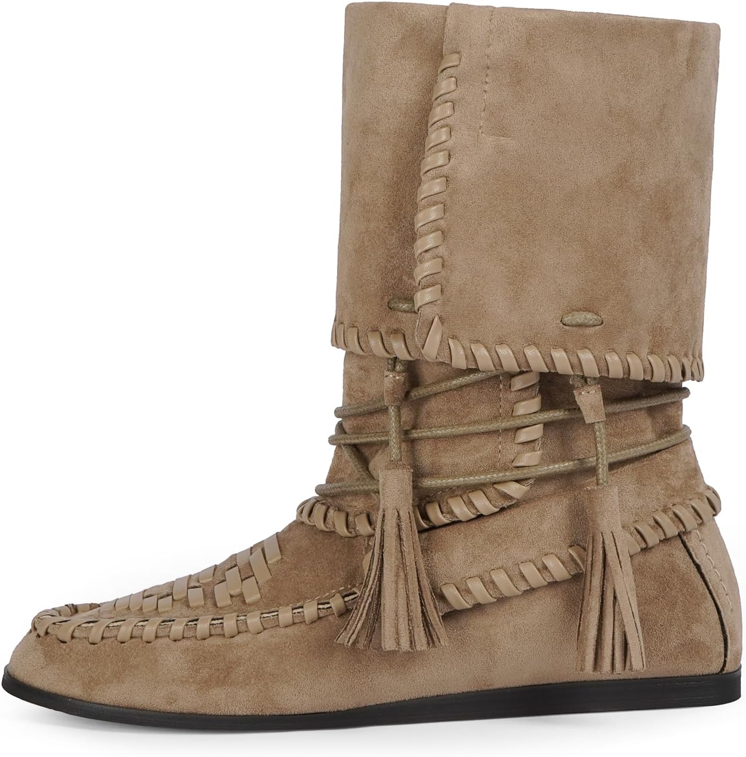 Suede Boots with Woven Details, Tassels and Fold-Over Cuff, Casual Comfortable Slouchy Flat Boots for Fall Winter Daily Wear