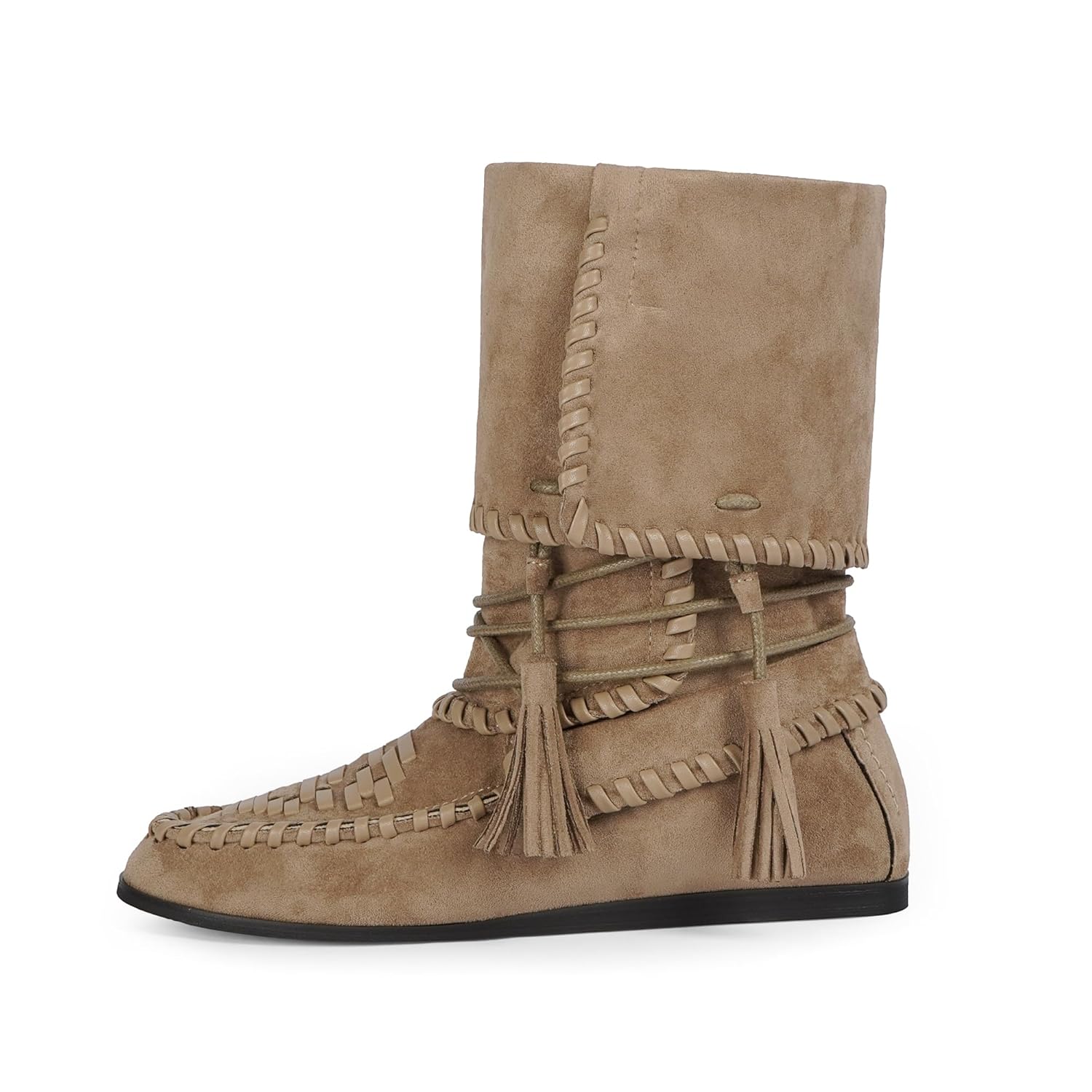 Suede Boots with Woven Details Tassels and Fold-Over Cuff Casual Comfortable Slouchy Flat Boots for Fall Winter Daily