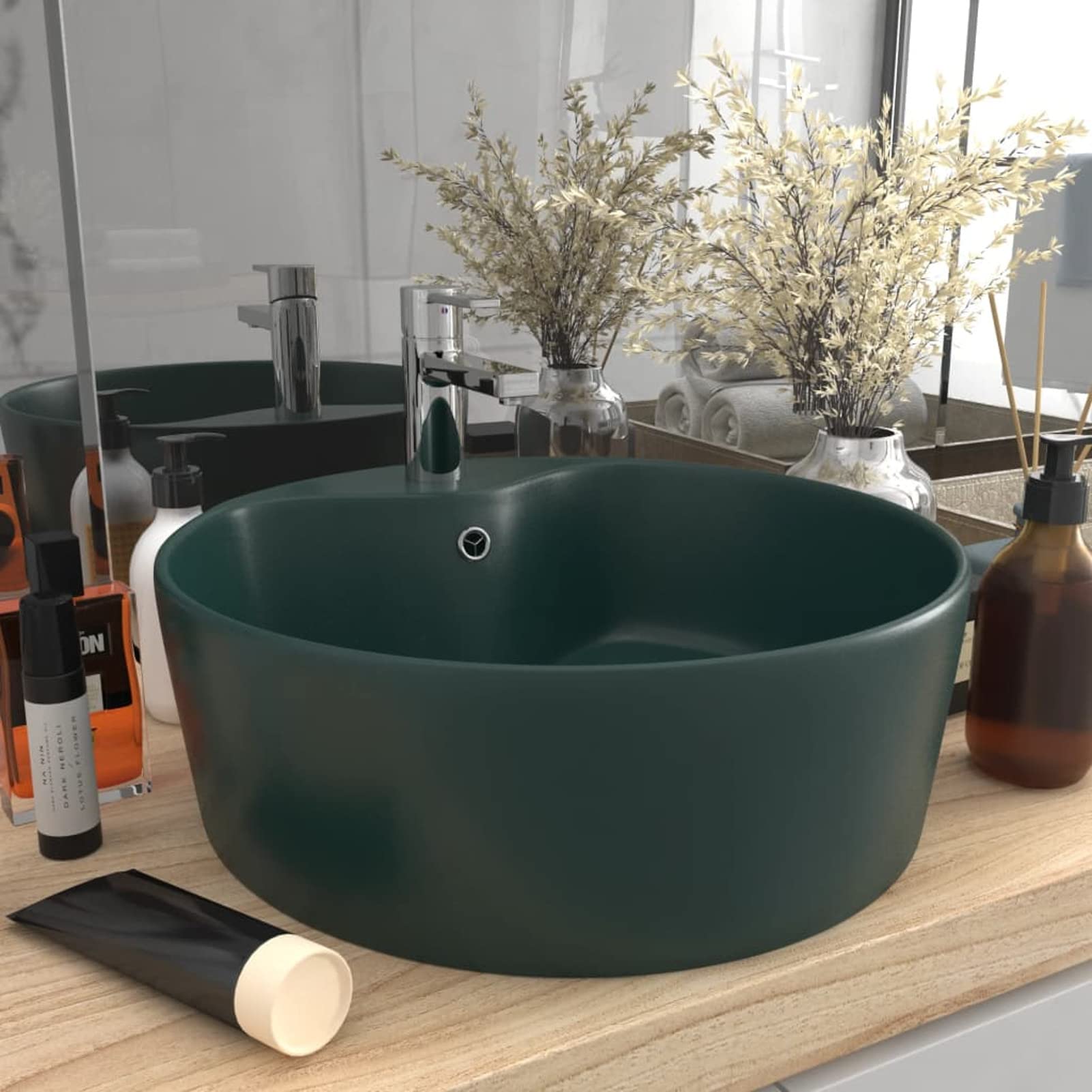 Gecheer Lavandino con Troppopieno,Lavabo da Appoggio in Ceramica,Lavandino da Appoggio,Lavabo in Ceramica,Lavello per Bagno,Cosmetici o Toilette,Lavandino Rotondo Verde Scuro Opaco 36x13 cm