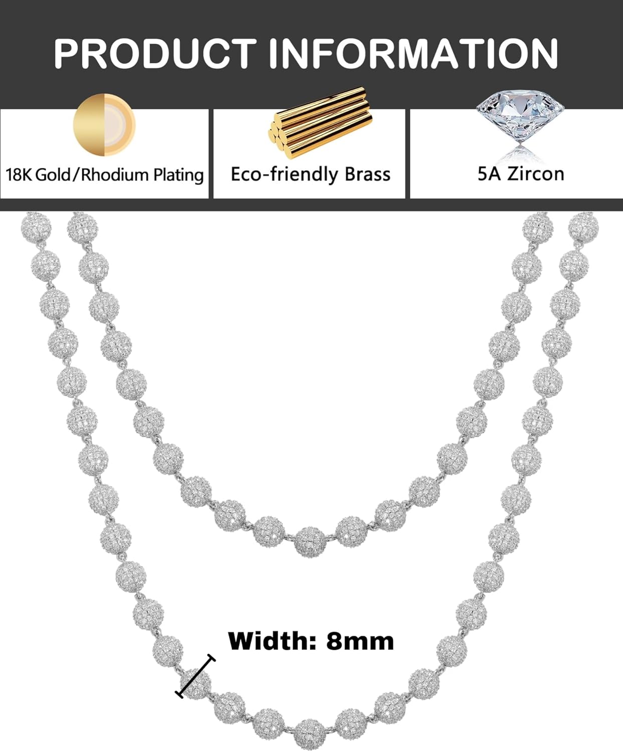 LuxeFlex 8mm Iced Out Round Beaded Chain for Men and Women, 14K Gold/White Gold Plated, 5A Zircon Luxury Bling Rapper Necklace, Diamond CZ Miami Hip Hop Jewelry - Image 5