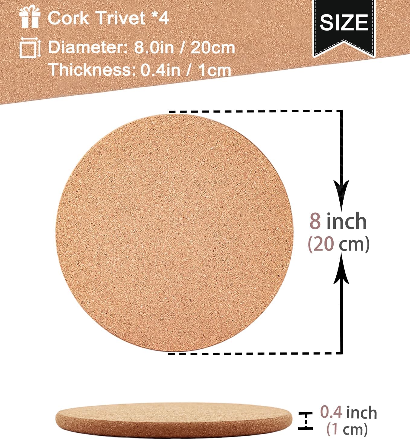 Cork Trivet, 4 Pack High Density Thick Cork Trivets for Hot Dishes, 8 Inch Heat Resistant Large Coaster for Kitchen, Hot Pads for Table & Countertop