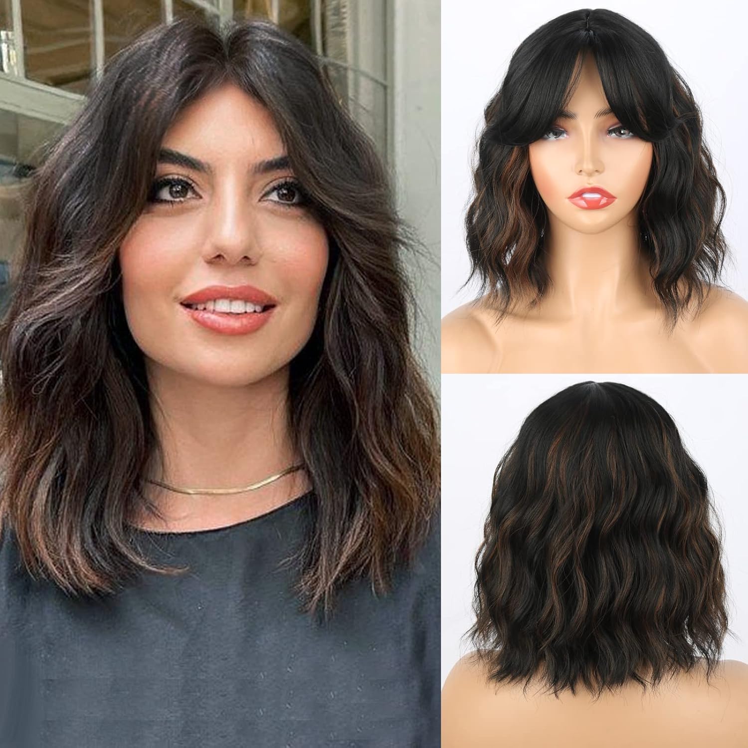 Aisaide Short Highlight Blonde Mixed Black Wavy Bob Wig with Curtain Bangs for