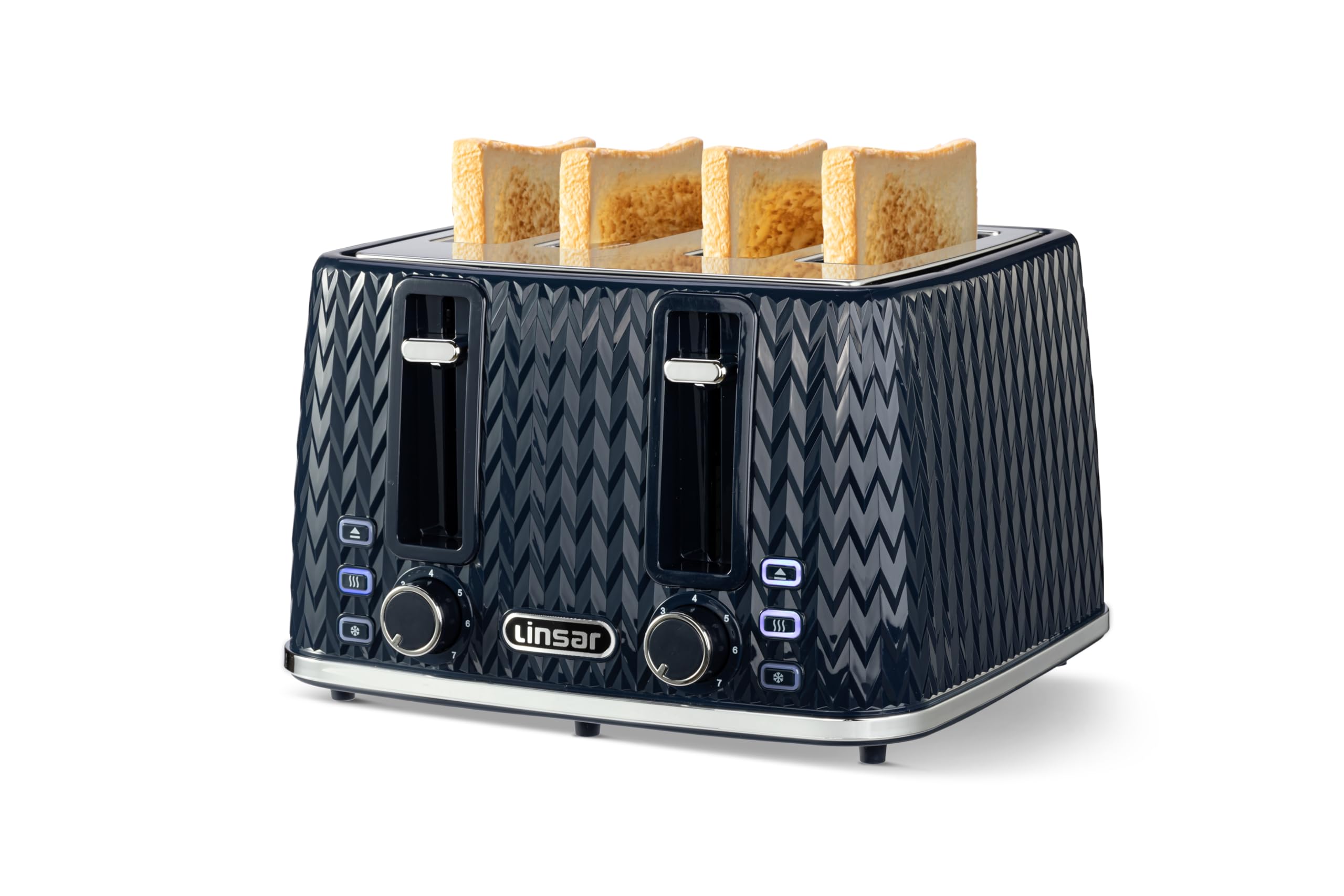 Linsar - 4 Slice Toaster - Unique Curved Texture - Defrost, Reheat, Cancel Functions - 7 Browning Levels, Wide Slots, Removable Crumb Tray - Automatic Switch Off - 1600 Watt (Blue)