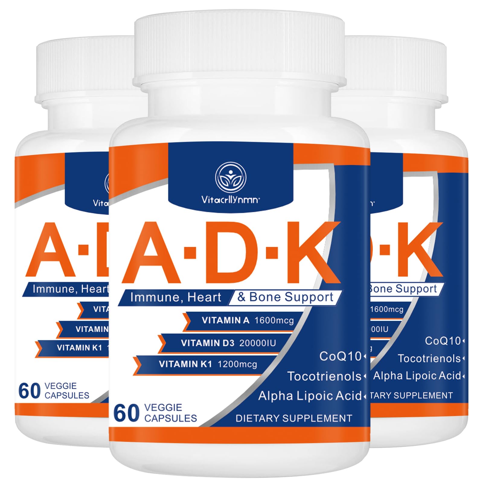 ADK Vitamin Supplement 20000 IU - High Potency Vitamins A, D3 and K1 for Heart, Bone Health and Immune Support Vitamin ADK 180 Capsules