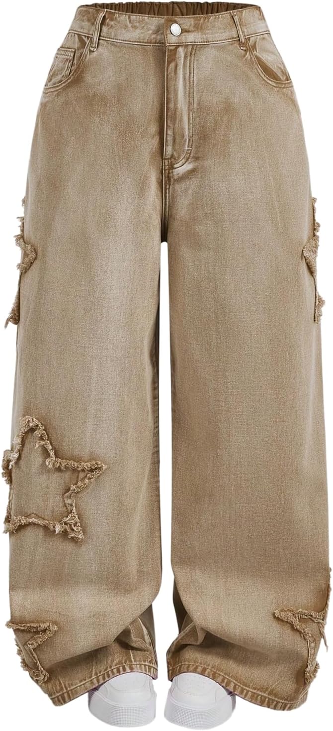 WDIRARA Women's Plus Size Star Raw Trim Jeans Wide Leg Baggy Denim Pants