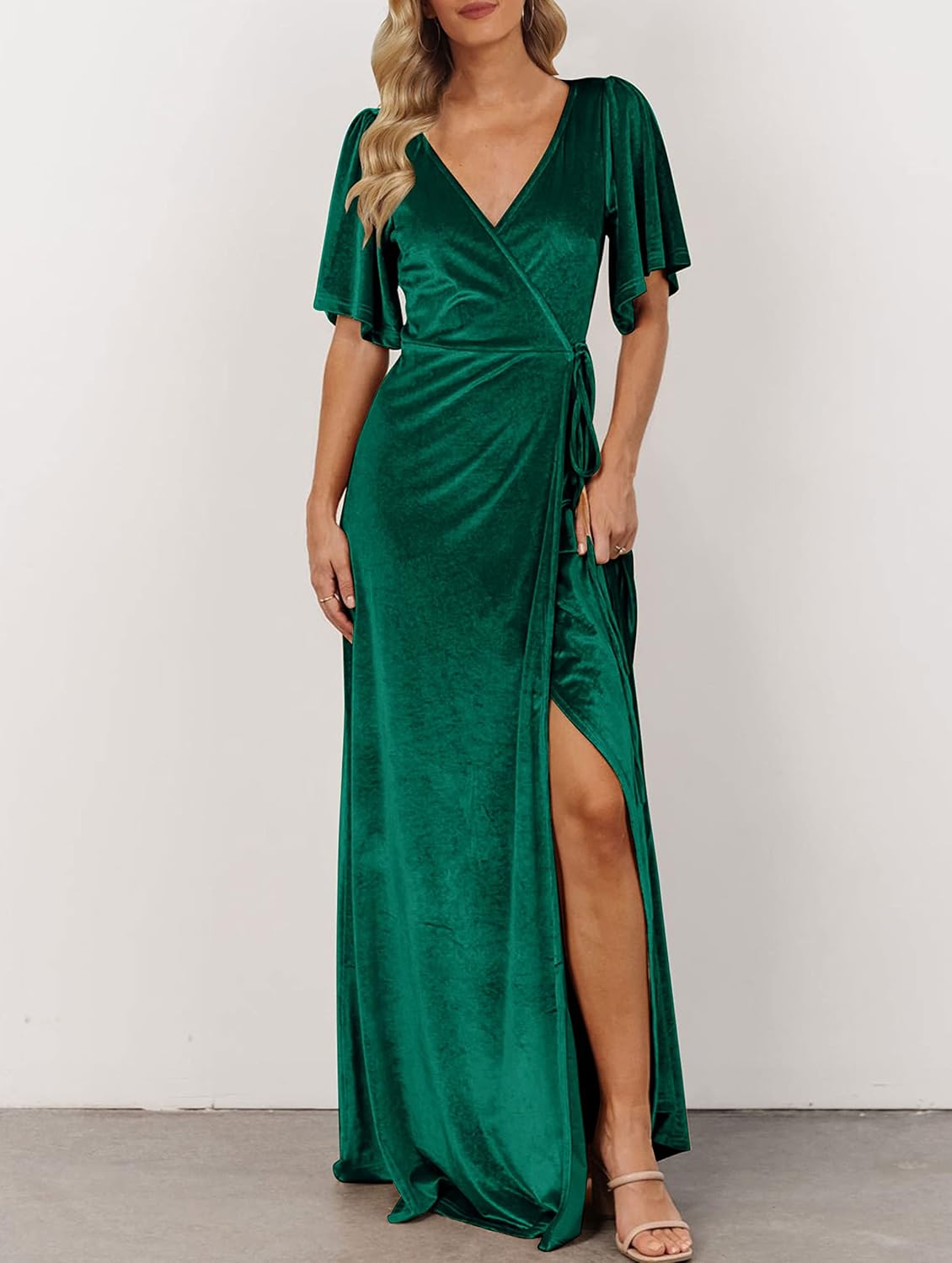 MEROKEETY Women's V Neck Wrap Velvet Maxi Wedding Guest Dress Bell Sleeve Split Bridesmaid Cocktail Party Formal Dresses - Image 2
