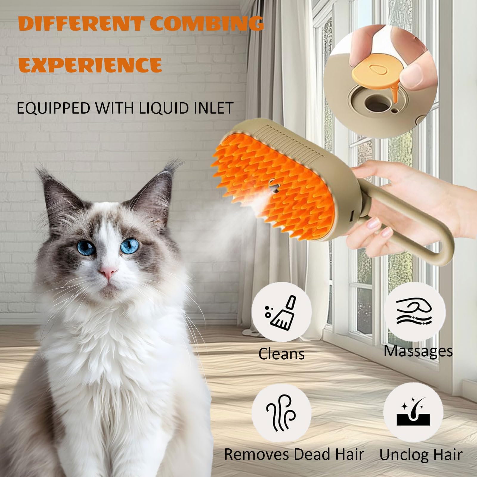 Cepillo de vapor para gatos, 3 en 1, cepillo de vapor autolimpiante para eliminar el pelo enredado y suelto, cepillo de vapor para gatos y perros para masajes