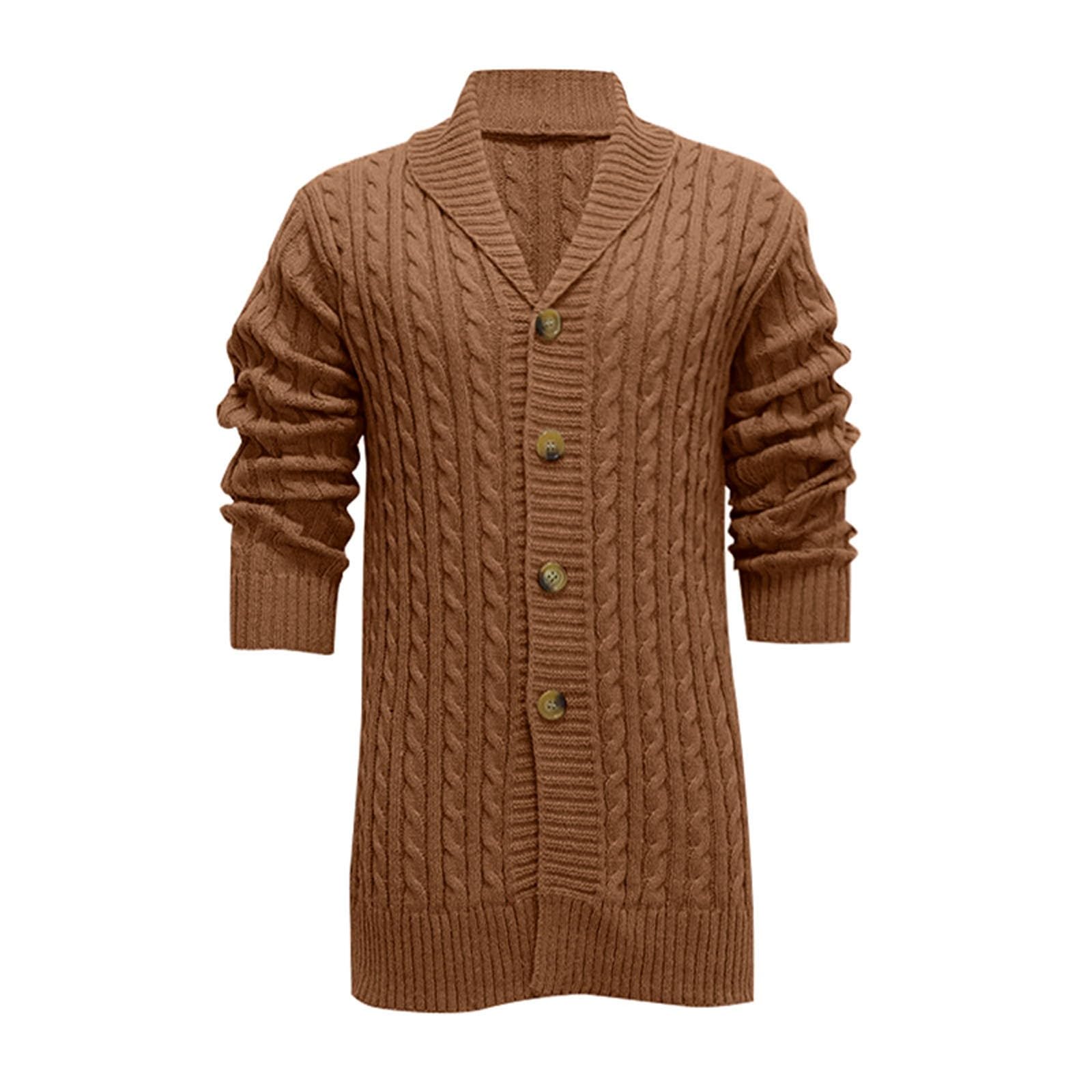 Generisch Cardigan da uomo, lungo, invernale, con bottoni e risvolto, in tinta unita, motivo a treccia, slim fit, cardigan, per le mezze stagioni, per il tempo libero, versatile