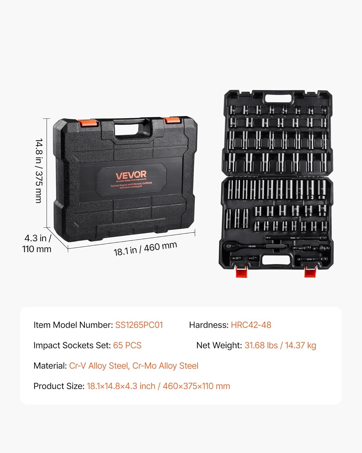VEVOR 1/2" Drive Impact Socket Set, 65 Piece Socket Set SAE 3/8" to 1-1/4" and Metric 10-24mm, 6 Point Cr-V Alloy Steel for Auto Repair, Rugged Construction, Easy-to-Read Size Markings, Storage Case - Image 11
