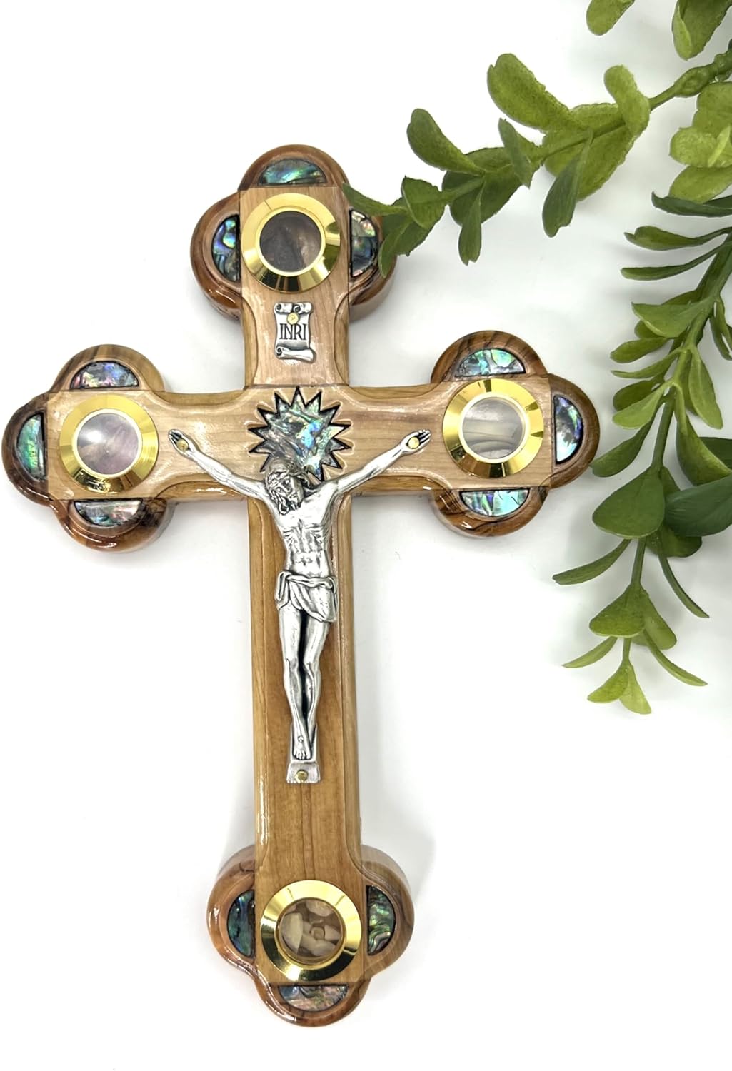 Wall Crosses for Home Decor, 9 inch Handmade Olive Wood Cross with Relics and Mother of Pearl, Catholic Crucifix for Wall, Cross Gift for Holy Communion, Baptism and Confirmation Cross