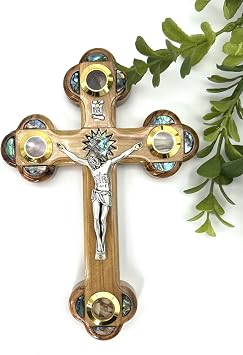 Catholic Wall Crucifix 9" Olive Wood with Mother of Pearl & Holy Land Relics, Handmade in Bethlehem | Baptism, First Communion & Confirmation Gift