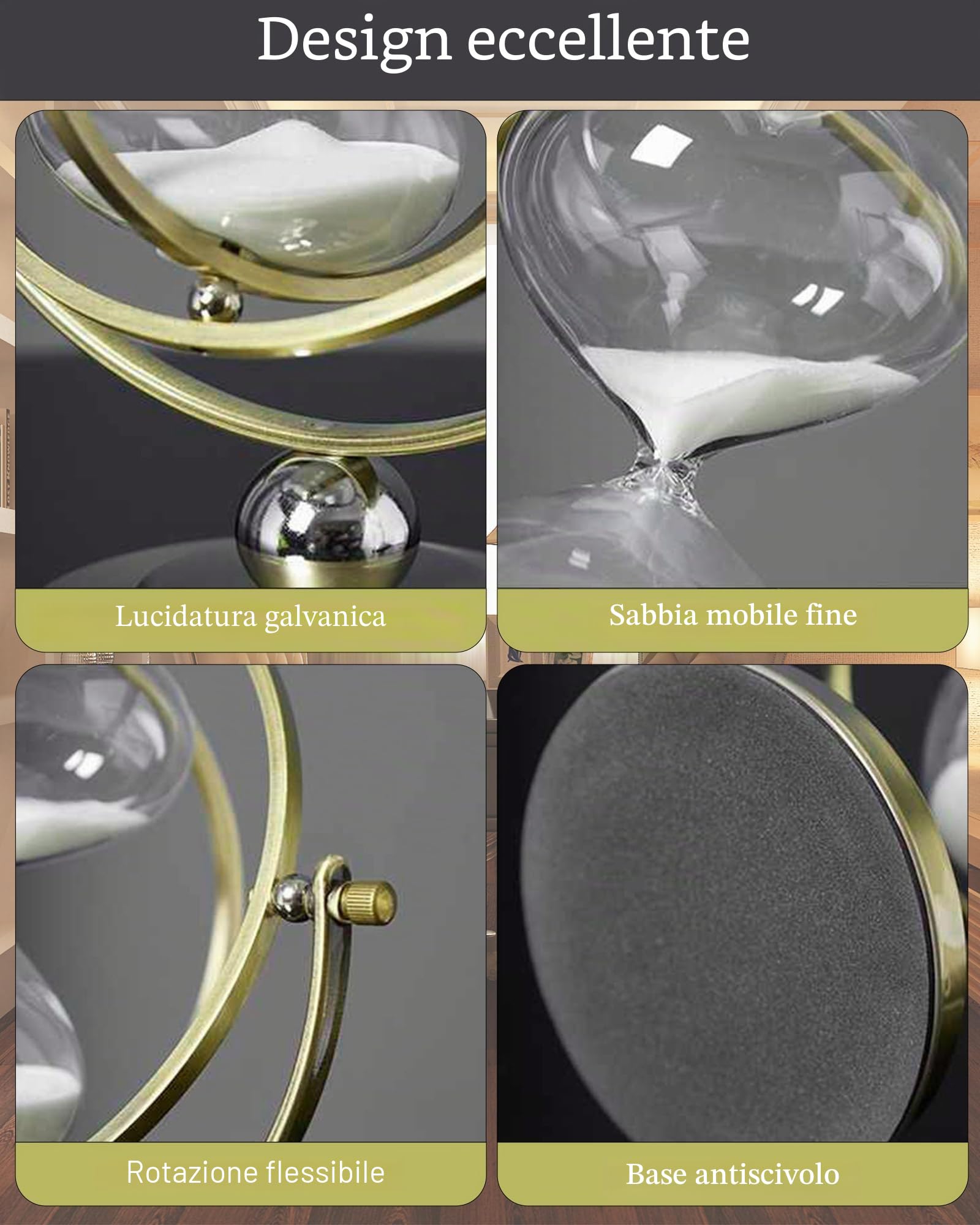 Clessidra 60 Minuti in Metallo e Vetro, Timer di Sabbia Girevole Bianco | In Vetro Borosilicato di Alta Qualità con Buona Trasparenza, Clip Artistica in Rame e Base, per Casa Ufficio e Aula