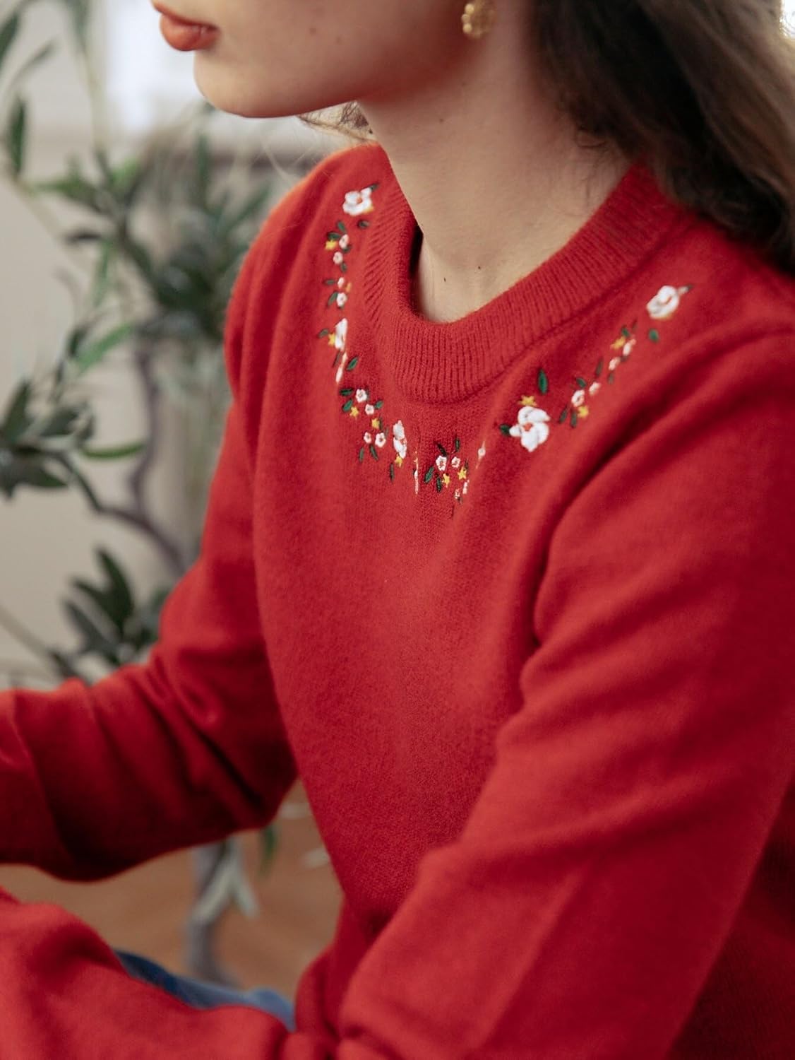 Women's Sweater Floral Embroidery Round Neck Sweater Sweater for Women (Color : Red, Size : Medium)