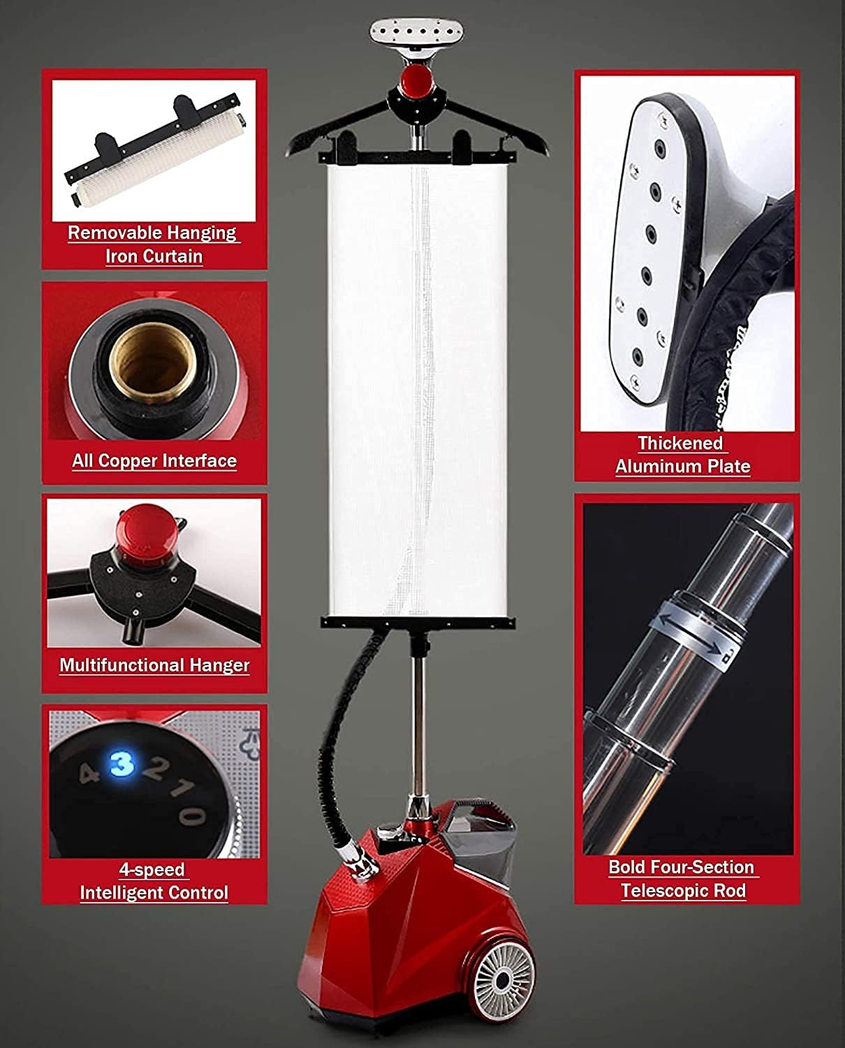Garment Steamer Professional 2200-Watts Full Size Garment and Fabric Steamer with Screen Red