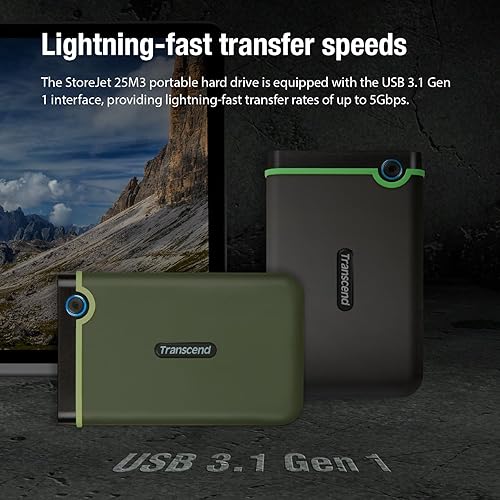 Miniatura 6 de Transcend SS2TSJ25M3G - Disco duro portátil con USB 3.1 de 2 TB, resistente, resistente a los golpes, compacto y ligero con velocidades