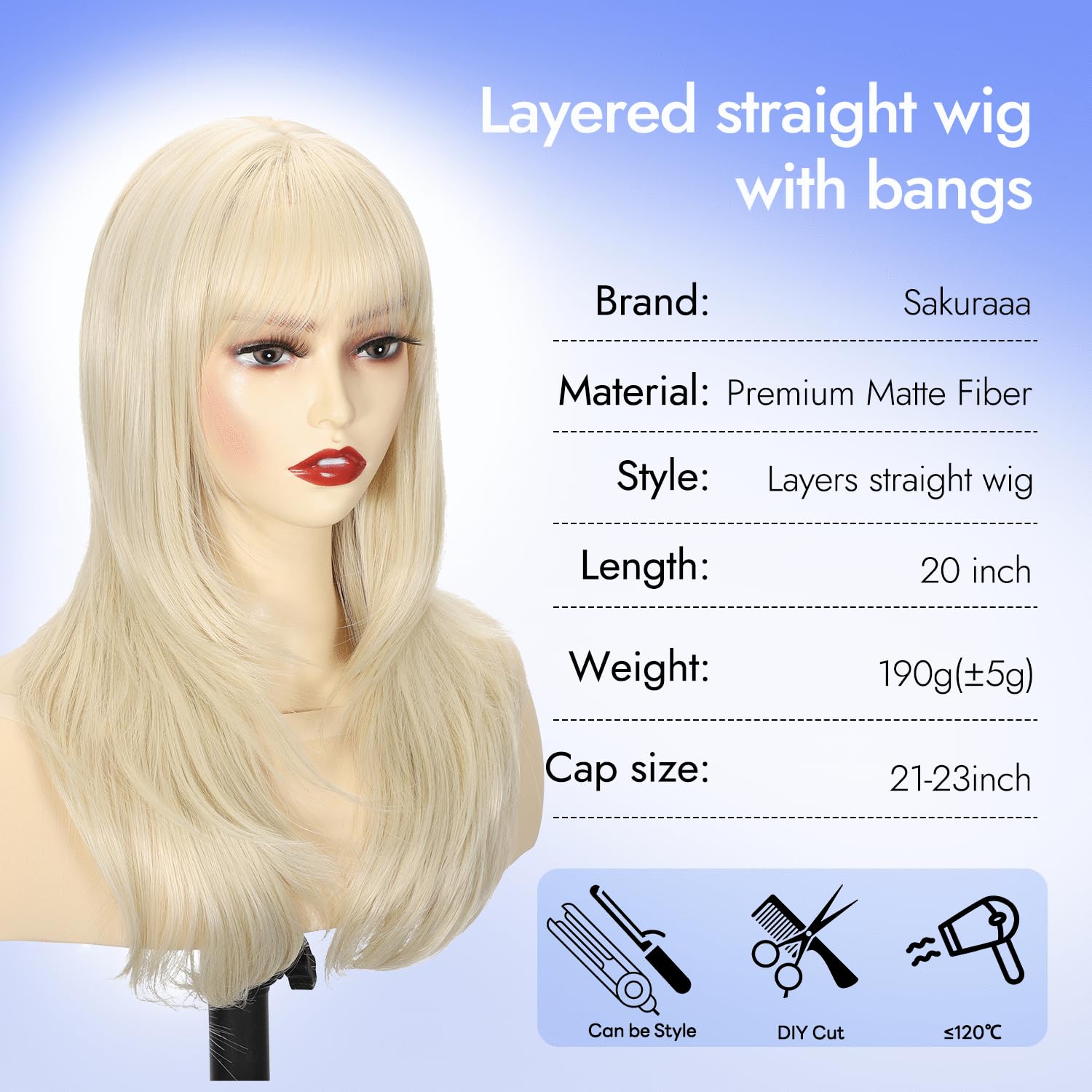 Sakuraaa Platinum Blonde Straight Wig with Bangs 20 Inch Medium Length Layered Synthetic Wigs for Women, Realistic Scalp Natural Looking Heat Resistant Wig for Daily Party Cosplay Use