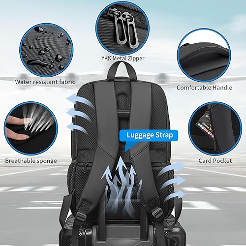 Miniatura 9 de Mochila para laptop de negocios para hombre, mochila negra de 40 L con puerto de carga USB, mochila resistente al agua para computadora y laptop de