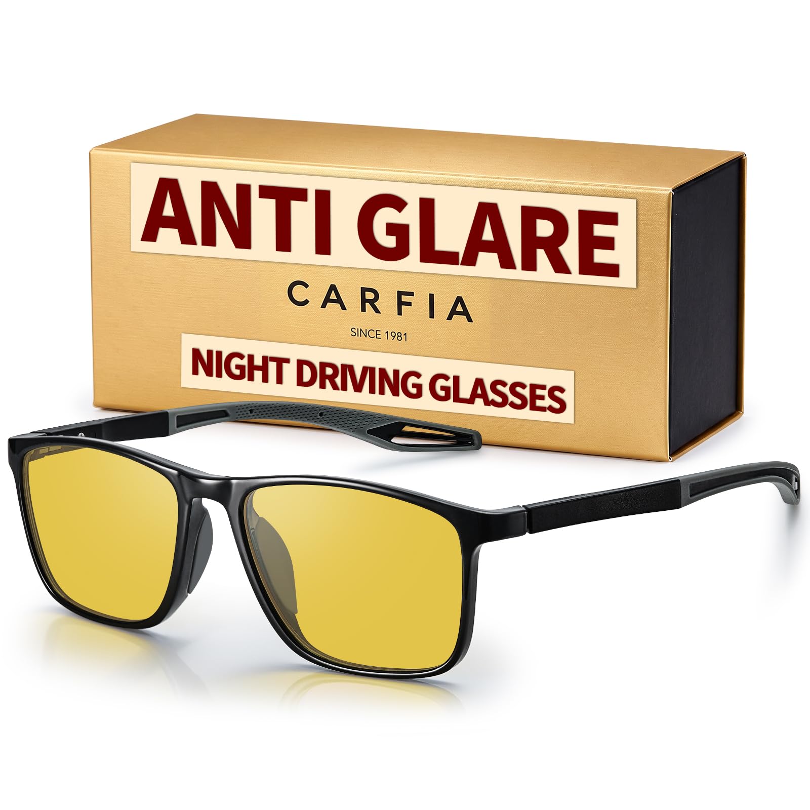 CARFIA Nachtsichtbrille für Herren Damen Klassische Eckige Fassung mit Gelben Gläsern Blendschutz Ideal zum Autofahren bei Regen, Nebel und Dunkelheit