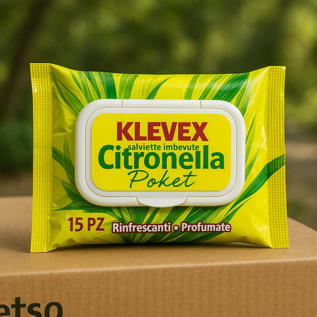 Klevex Salviettine Imbevute alla Citronella 12/24/48 Pacchetti da 15 – Rinfrescanti, Detergenti e Profumate, Con Fragranza Naturale che Aiuta a Difendere la Pelle e Garantire Freschezza e Pulizia (48)