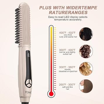 TOME Straightening Brush, 16 Heat 260450F, LED Display, Dual Voltage | Electric straightening brush, 16 heat settings 260450F, LED display, ionic, 110240V dual voltage.