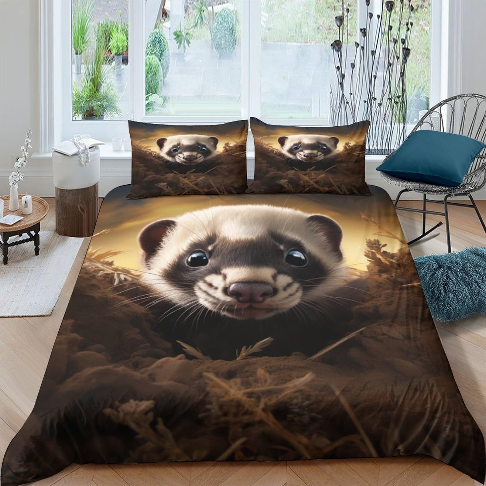 Housses de couettes 3 pièces motif 3D La Belette pour sublimer une chambre double parentale