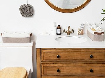 StorageWorks Narrow Storage Bins, Small Baskets, Brown and White, 2-Pack | With Metal Frame, Sturdy Structure, PU Handles, Toilet Paper Storage, Long Storage Bins for Bathroom, Closet, Shelf