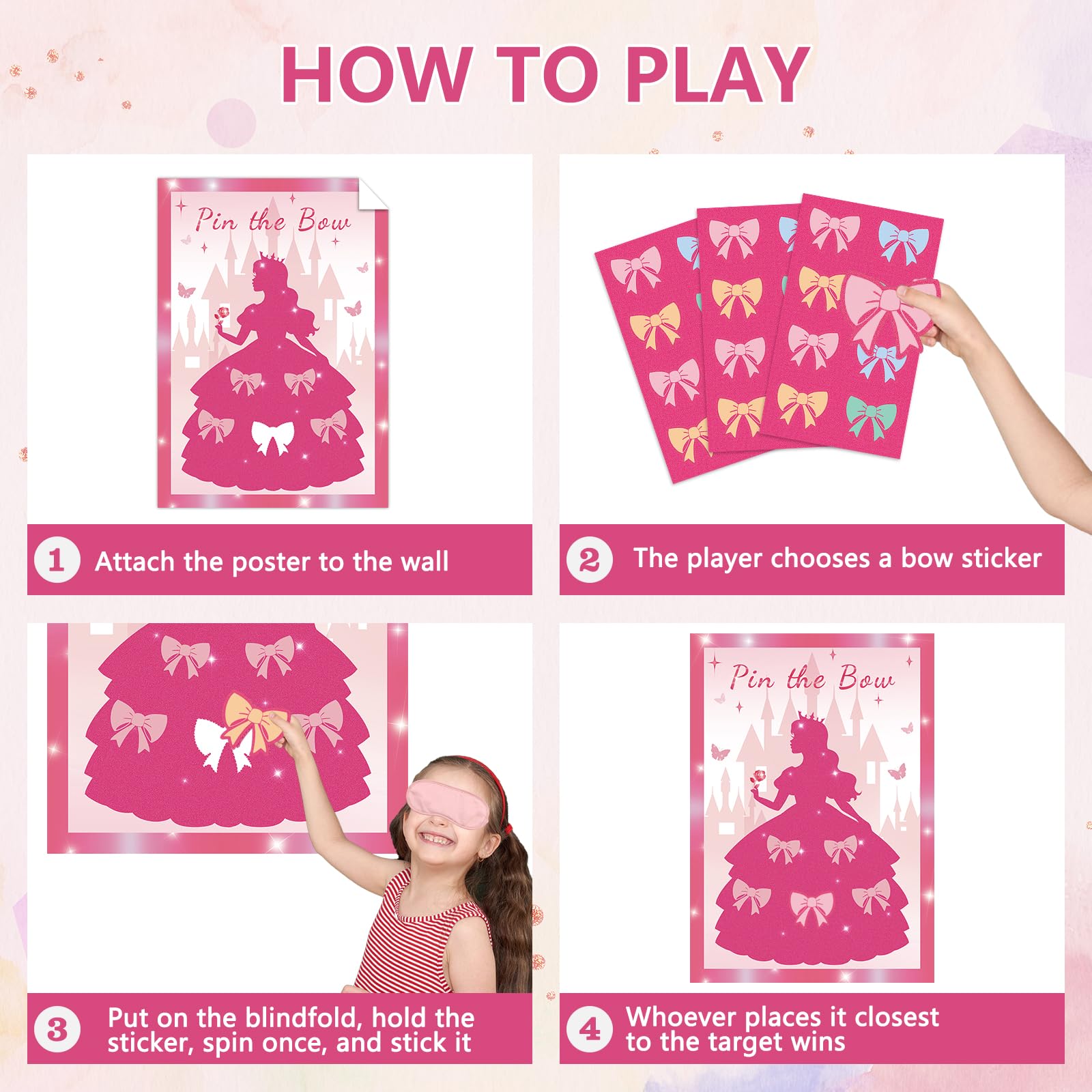 Pin the Bow Partyspiel für Mädchen, Rosa Mädchen Prinzessin Poster mit 24 Schleifen-Aufklebern, Kinder Teens Geburtstag Party Supplies Dekorationen, Sleepover & Dress-Up Aktivität - A2 Poster