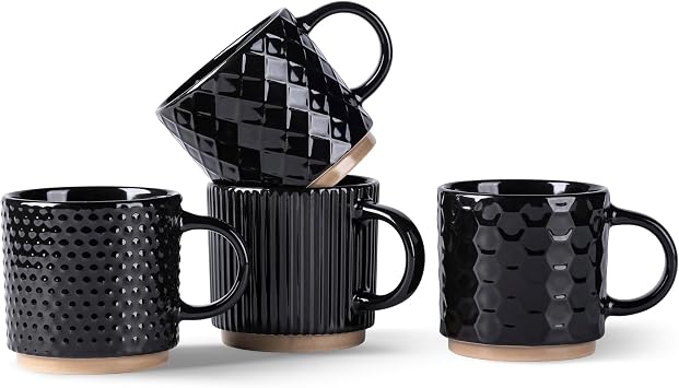 GBhome 6 OZ Stackable Coffee Mugs Set of 4, Ceramic Coffee Cups Set | 4 Assorted Designs, Embossed Mugs with Texture Patterns for Espresso/Tea, Dishwasher&Microwave Safe, Black