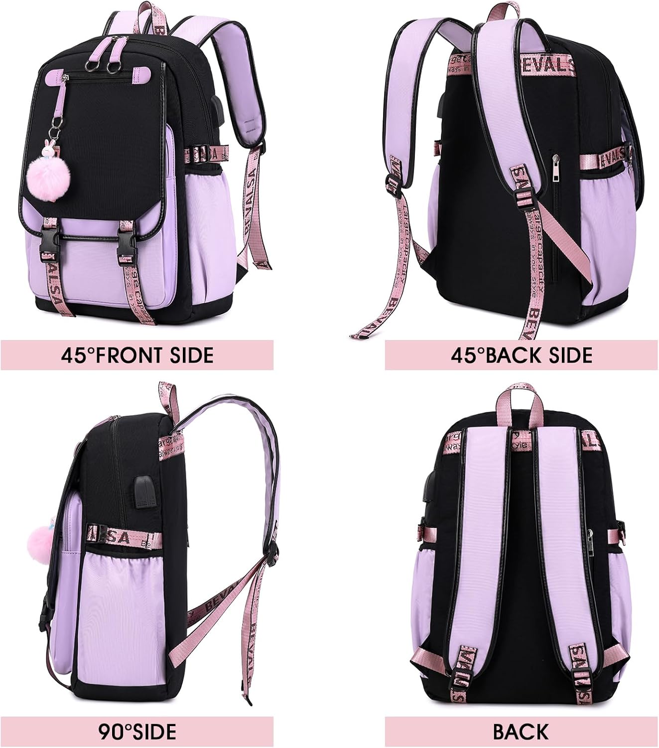 Bevalsa Backpack with Lunch Bag Bookbag Set for Girls Kids Middle High School College Student 21L Casual Daypack Children Schoolbag Bookbag with USB Charging Port (Purple)