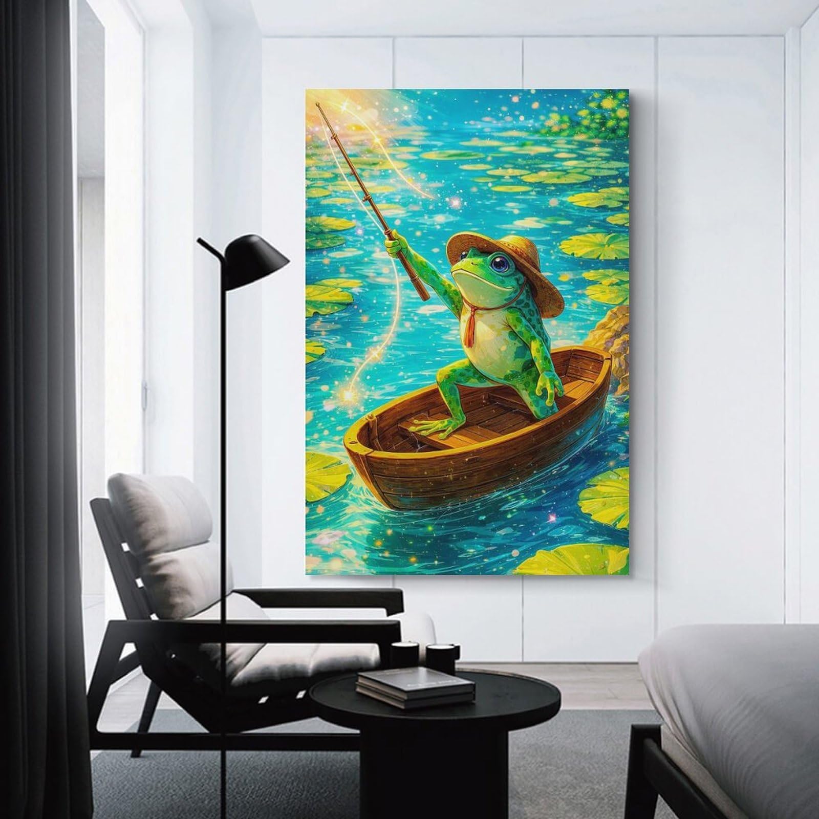 Junmoney Frog Fishing in A Boat Hanging Wall Art, 24x36inch(60x90cm), for Gallery Wall Decor And Room Displays, Home Wall Art for Statement Displays