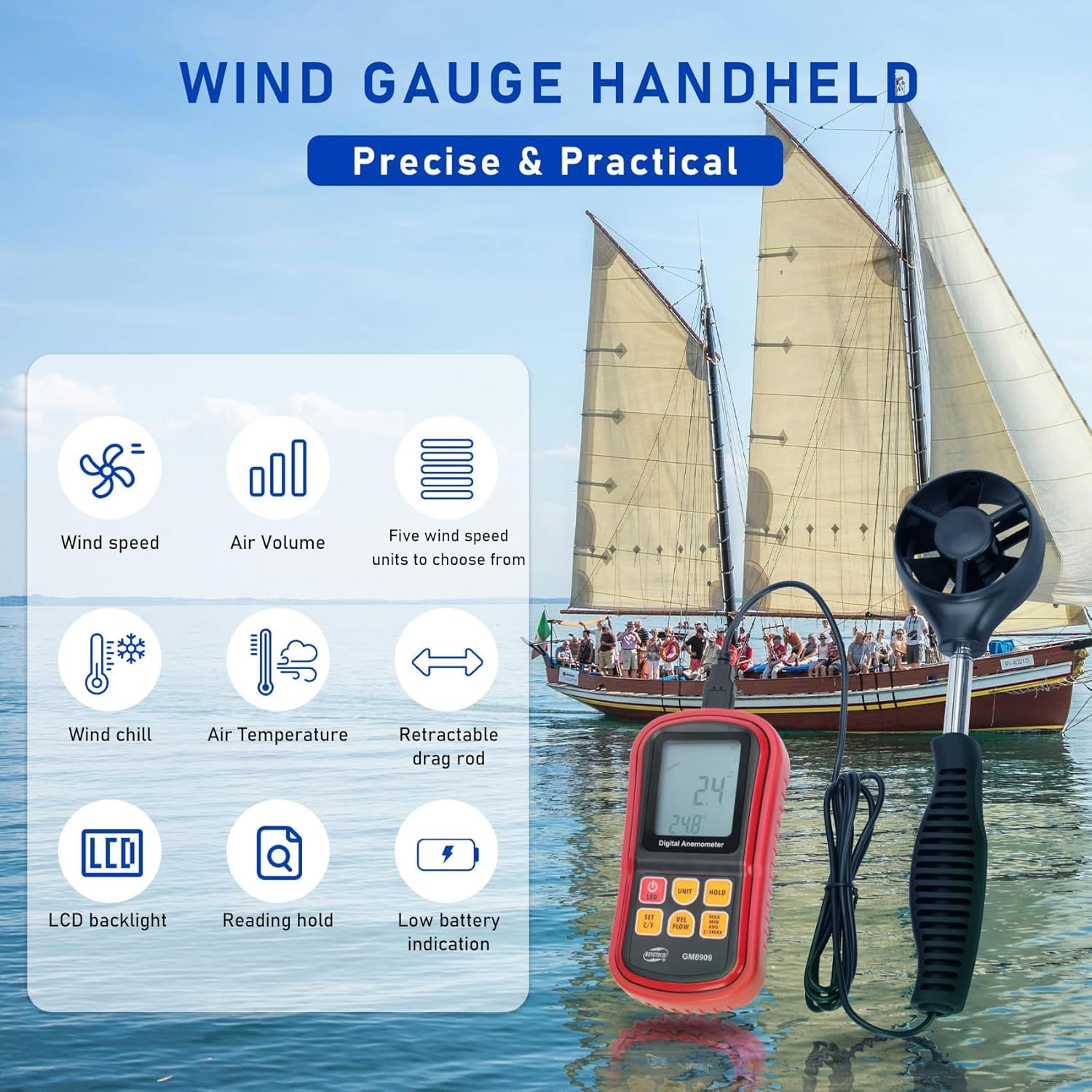 Handheld CFM Anemometer, Digital Anemometer Measures Air Speed, Air Volume and Temperature, Handheld with Backlight Max/Avg/Min Functions for Measuring Wind Speed., GM8909