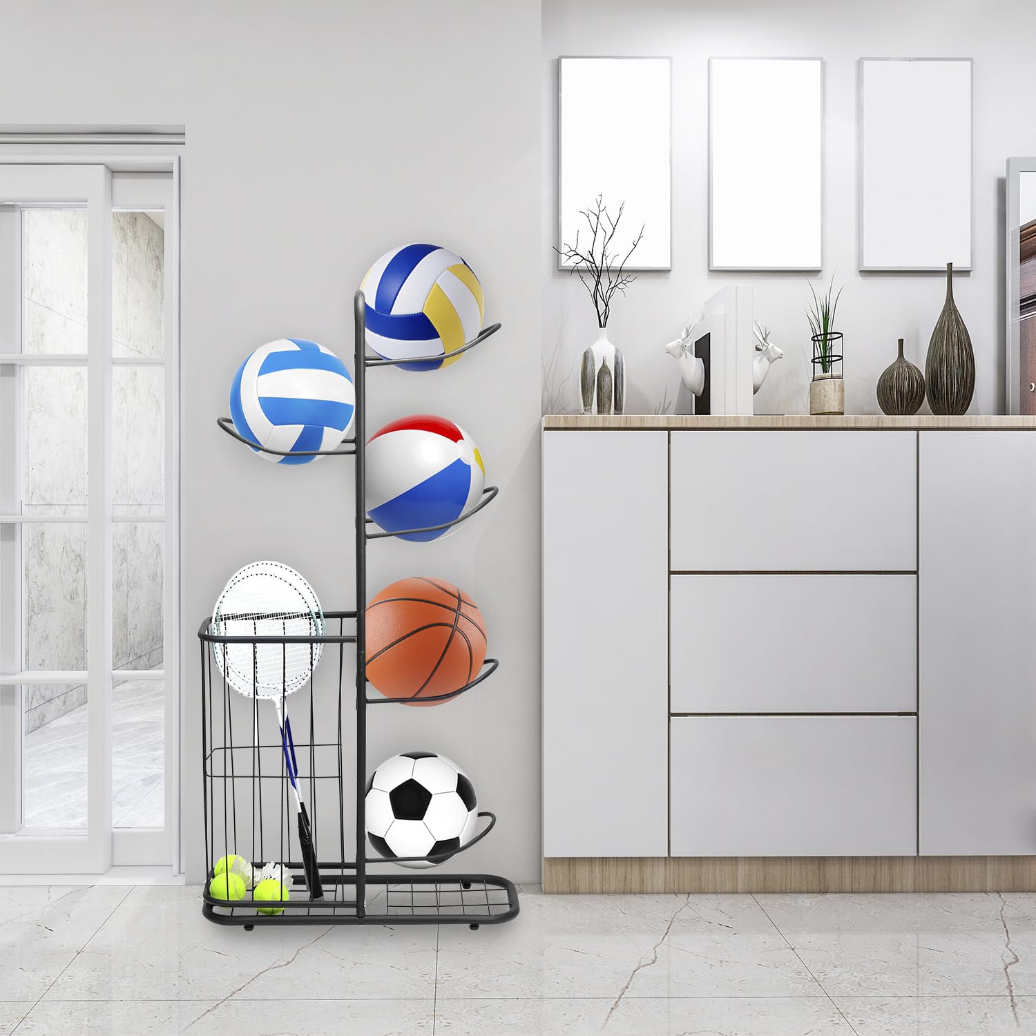 QWORK Estante de Almacenamiento de Baloncesto, Soporte para Pelotas, 116 x 23.5 x 58cm