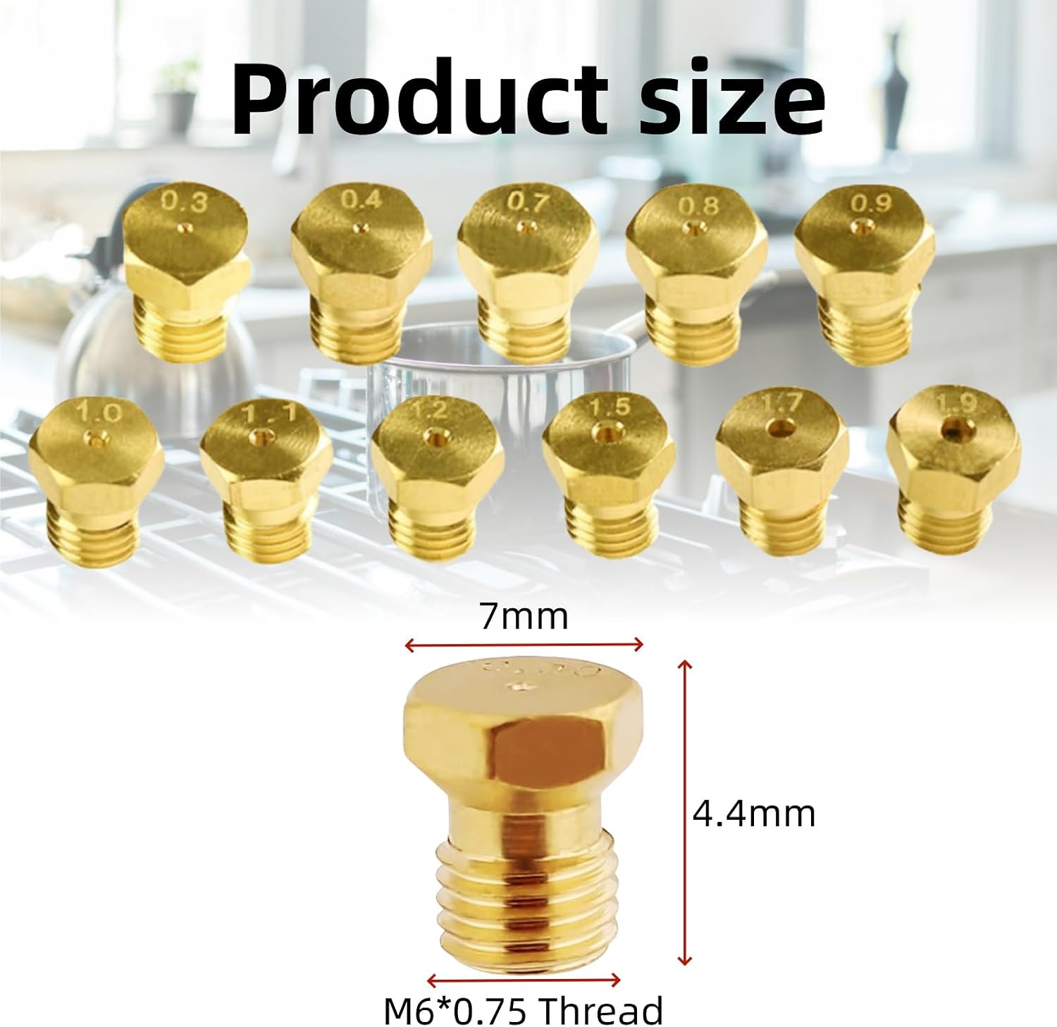 36Pcs Range Stove Oven Orifice Conversion Kit - Natural Gas to Propane LPG Brass Jet Burner Nozzle Replacement Parts, M6x0.75 mm Gas Spray Tip (0.3/0.4/0.7/0.8/0.9/1.0/1.1/1.2/1.5/1.7/1.9mm)