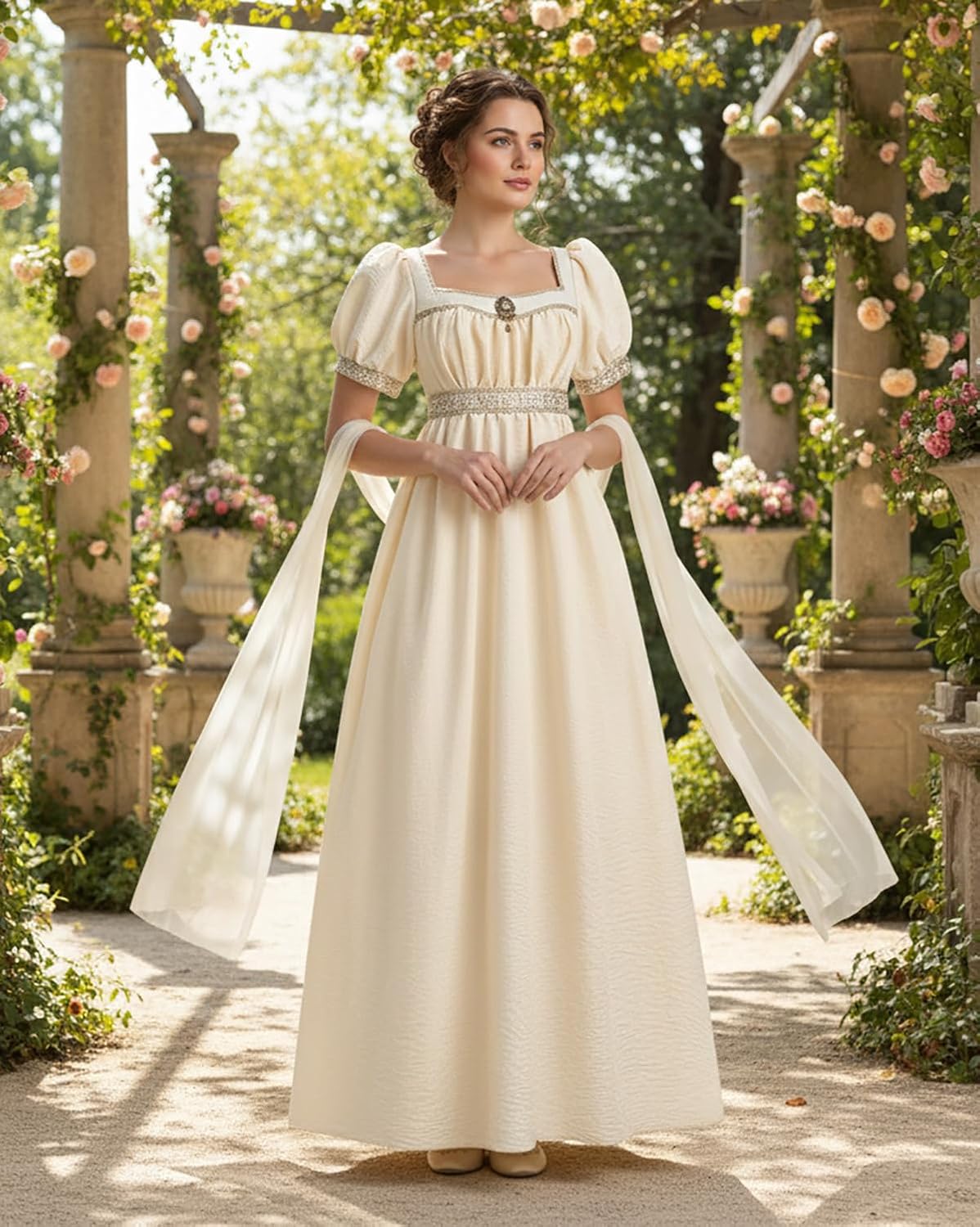 LTAKK Regency Dress Women Satin Regency Costume Empire Waist Tea Party Victorian Gown with Shawl
