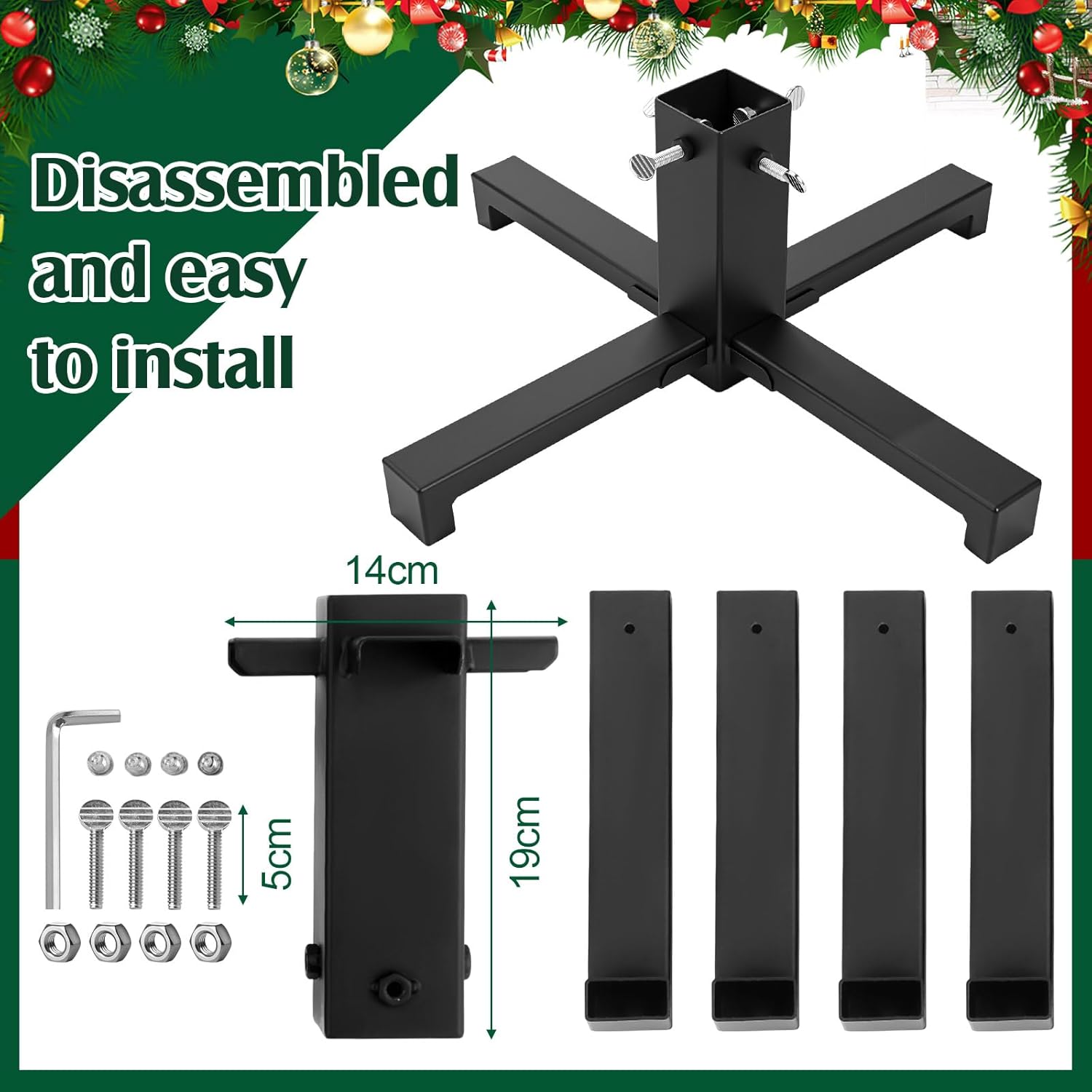 Hortsun Christmas Tree Stand Base for Artificial Real Live Trees Square Portable Iron Metal Holder, Fits up to 7 FT Xmas Fake Trees with 2 Inch Diameter Pole or Less Detachable Stand for Christmas