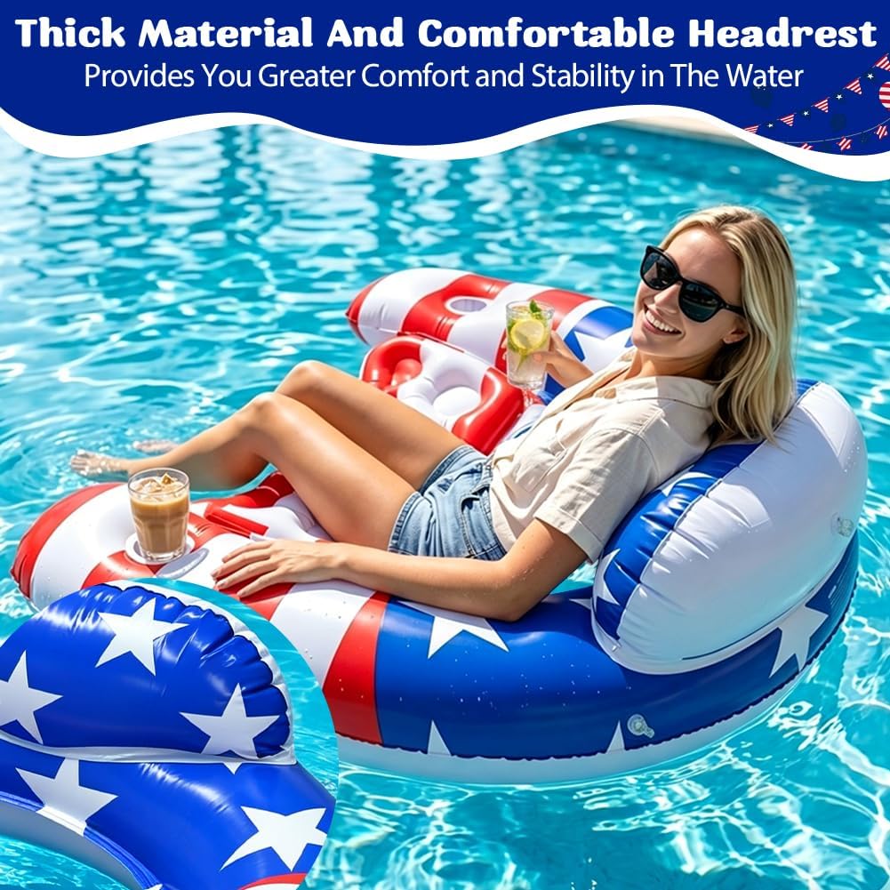 4th of July Inflatable Pool Float Chair with Cup Holder & Backrest - 2 Pack American Flag Pool Lounge Chairs for Summer, Pool, Lake & Beach, Reusable Floating Seat Pad for Adults