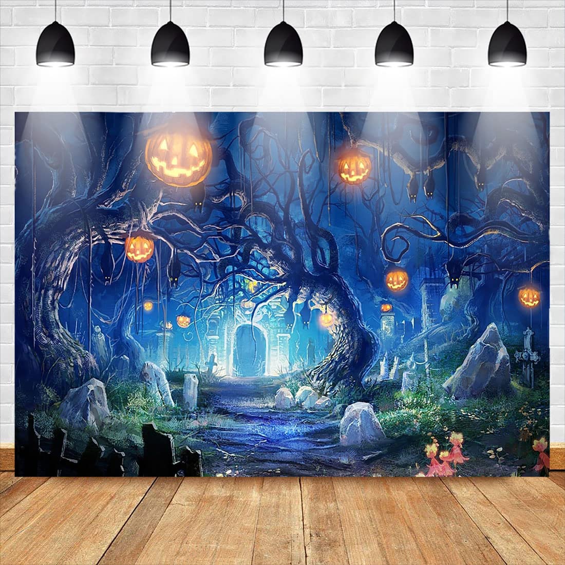 Avezano Tło Happy Halloween Horror noc las dynia latarnia cmentarz tło Wszystkich Świętych, duch fotografia tła (2,4 x 1,8 m)