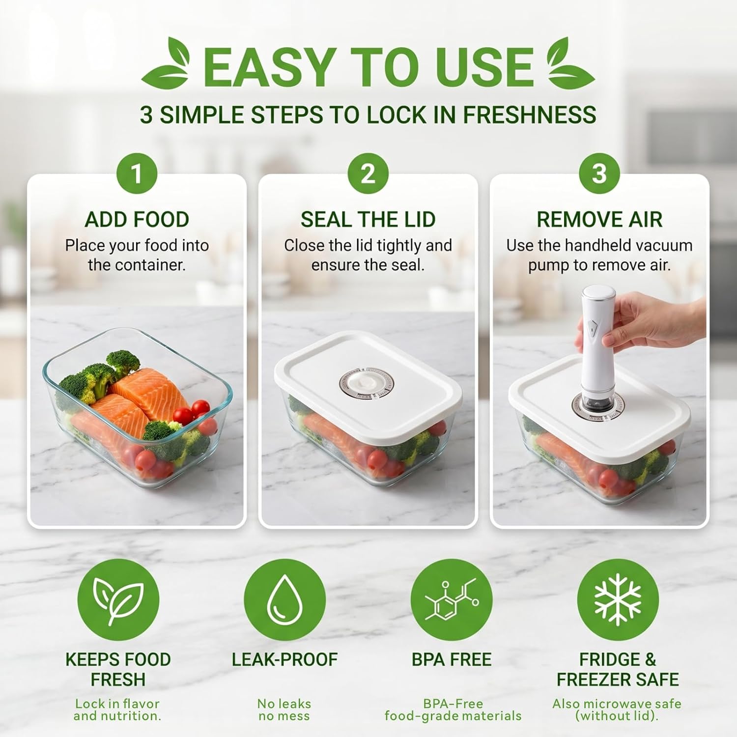 Glass Vacuum Seal Containers for Food Storage, 3 Sizes (16, 27, 47 fl oz), Airtight & Leak-Proof, BPA-Free, Keeps Food Fresh Longer, Ideal for Meal Prep, Compatible With Handheld Compact Vacuum Sealer