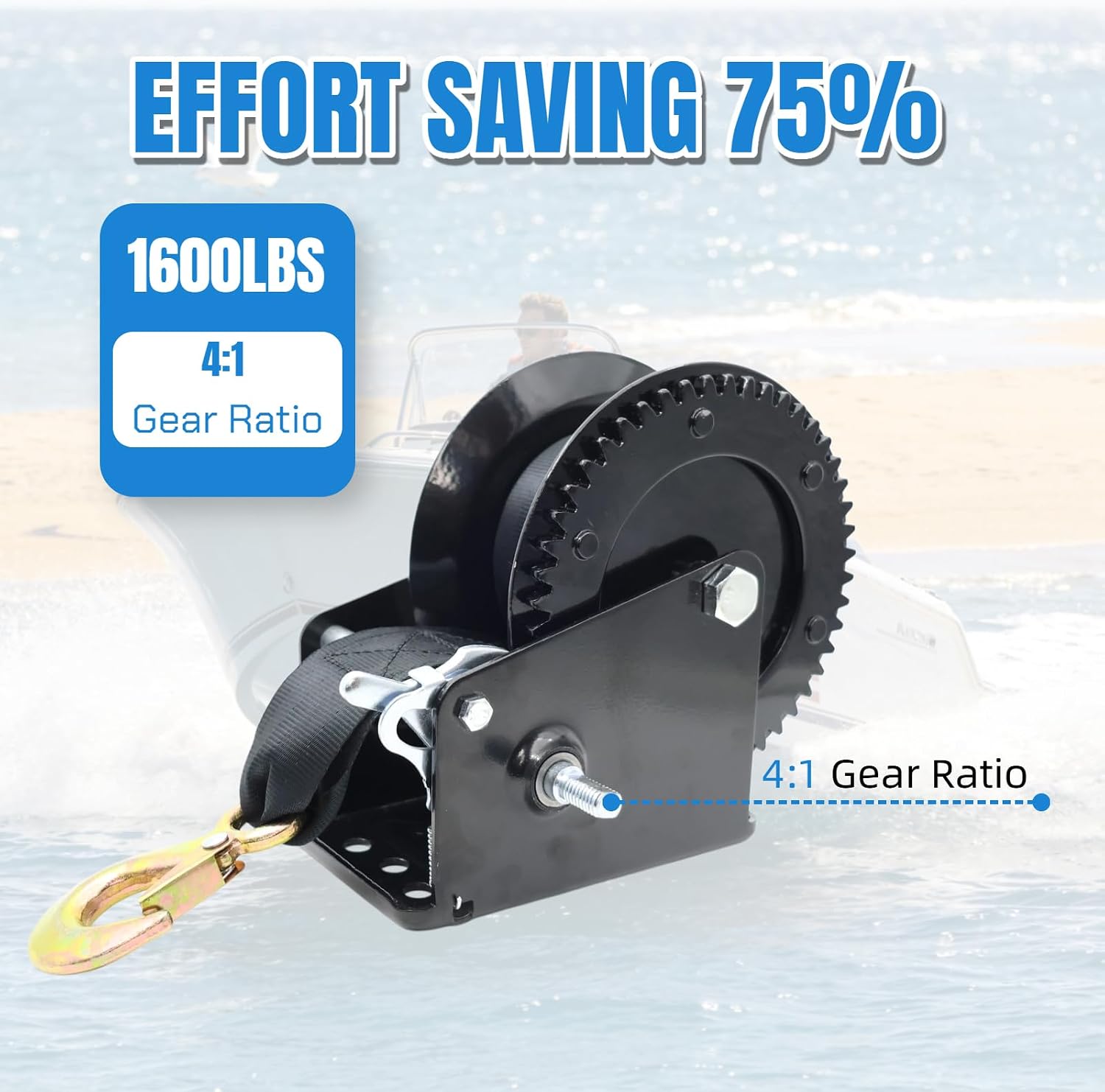 1600lbs Boat Trailer Winch for Trailers，Heavy Duty Hand Manual Winch with 26FT Strap & Hook，for Boat Trailer Winch and Jet Ski Trailer Black