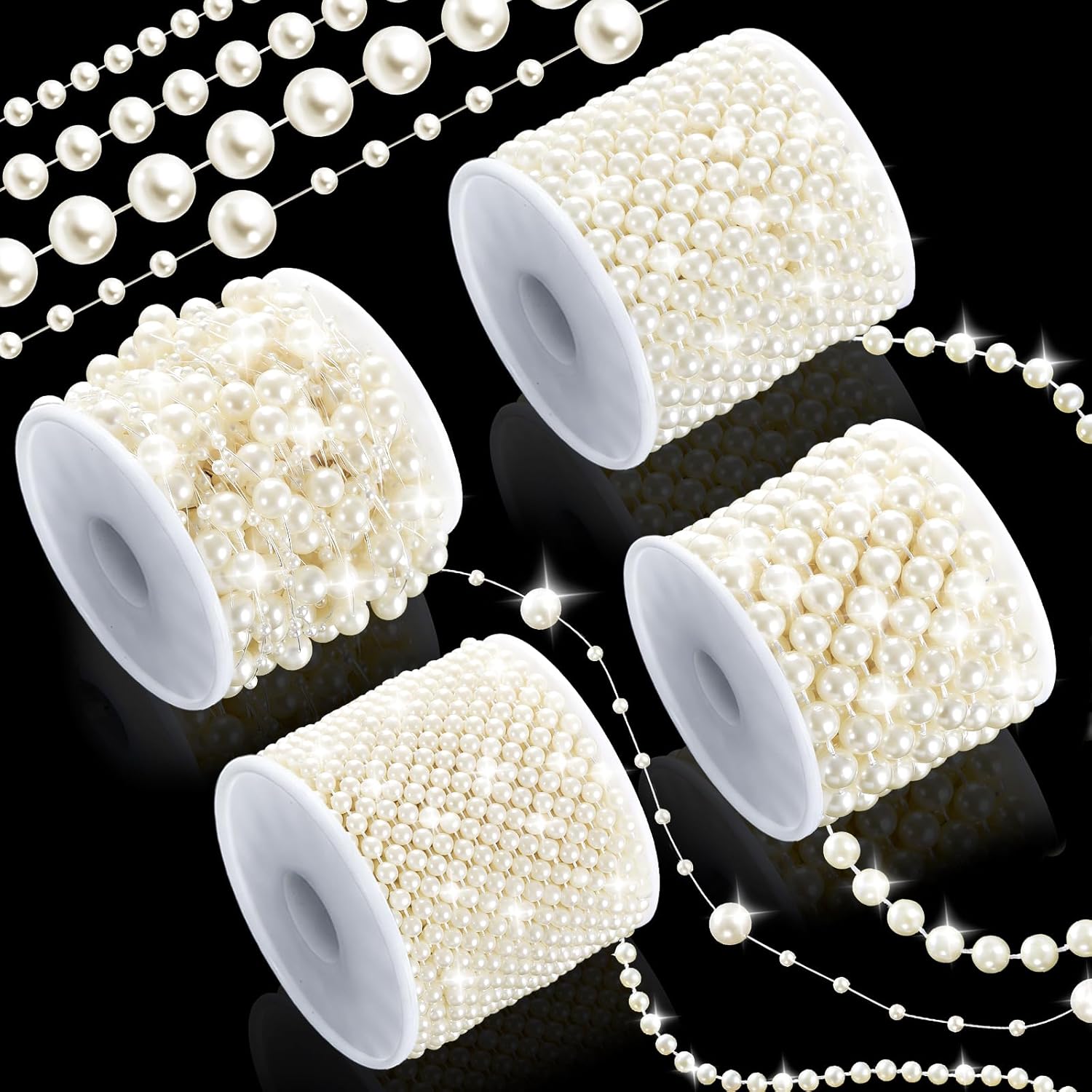 4 Rolls 86 Feet Pearls Garland, Faux String of Pearls Roll Strand for Crafts, Artificial Pearl Beads Trim for Wedding Party Valentine Christmas Flower Decoration, 4mm 6mm 8mm 8+3mm, Ivory